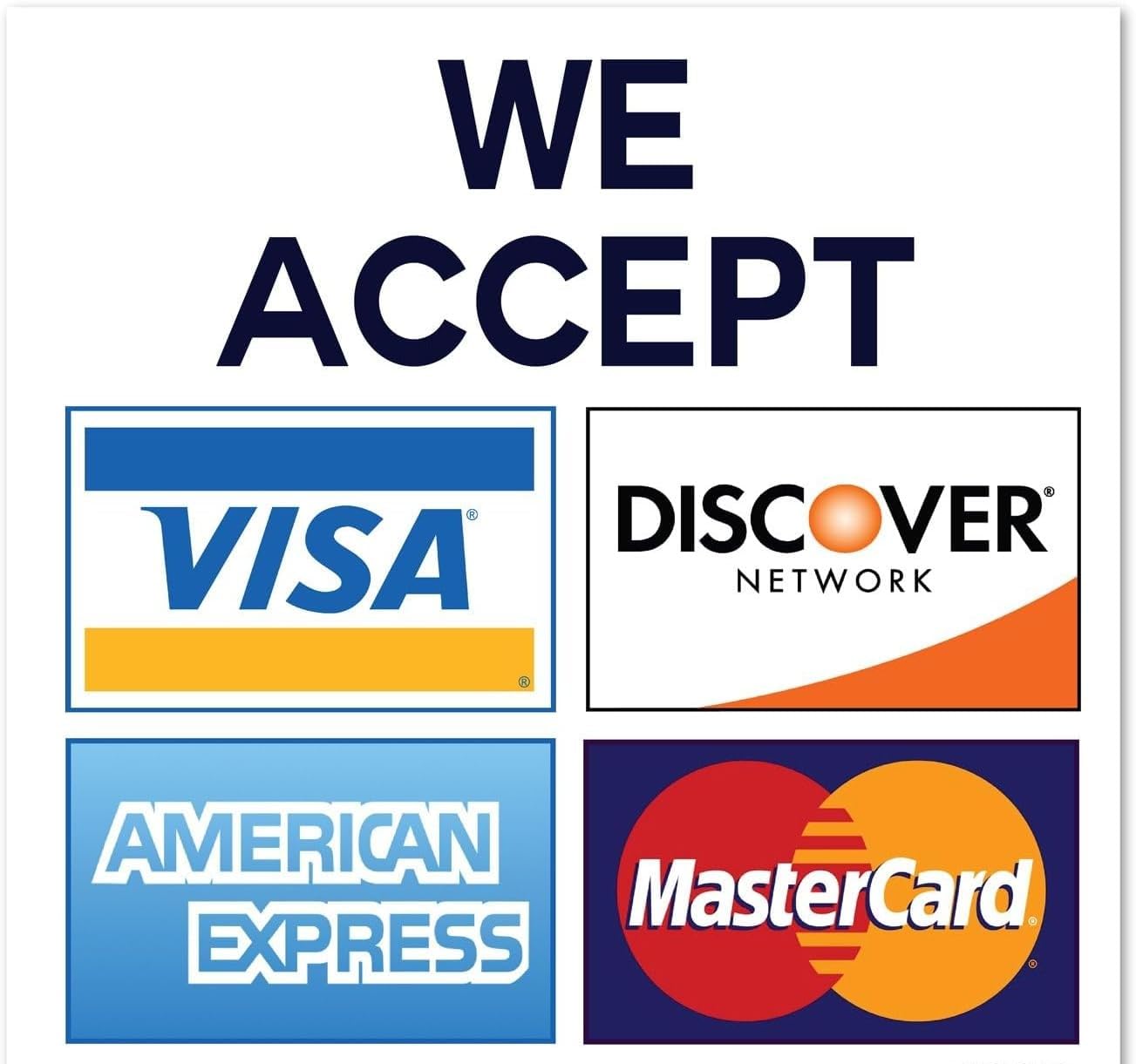 AK Traders Inc Pack of 2 Business Stickers, We Accept Visa MasterCard American Express AMEX Discover Vinyl Decal Sticker Door | Window Any Smooth Surface Size: 5"