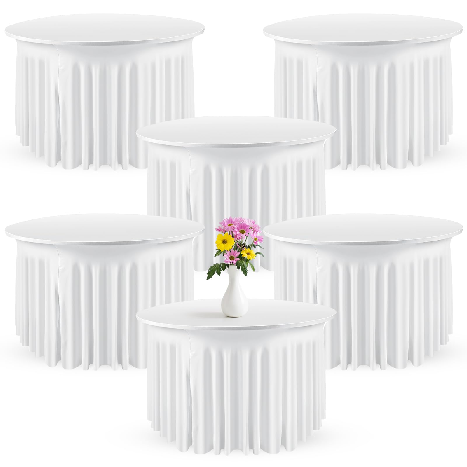 Preboun 6 Pack 4 Ft/ 48 Inch Spandex Round Tablecloths Wrinkle Free Stretchy Round Table Clothes for Table Tablecloth with Skirt for Party Wedding