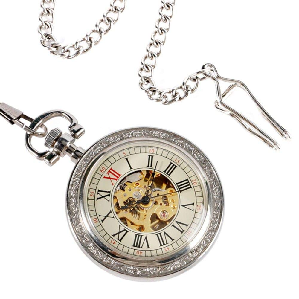 Steampunk Silber Skelett mechanische Taschenuhr Kette Offenes Gesichtsdesign Hand Wind Frauen Männer Uhren Uhr