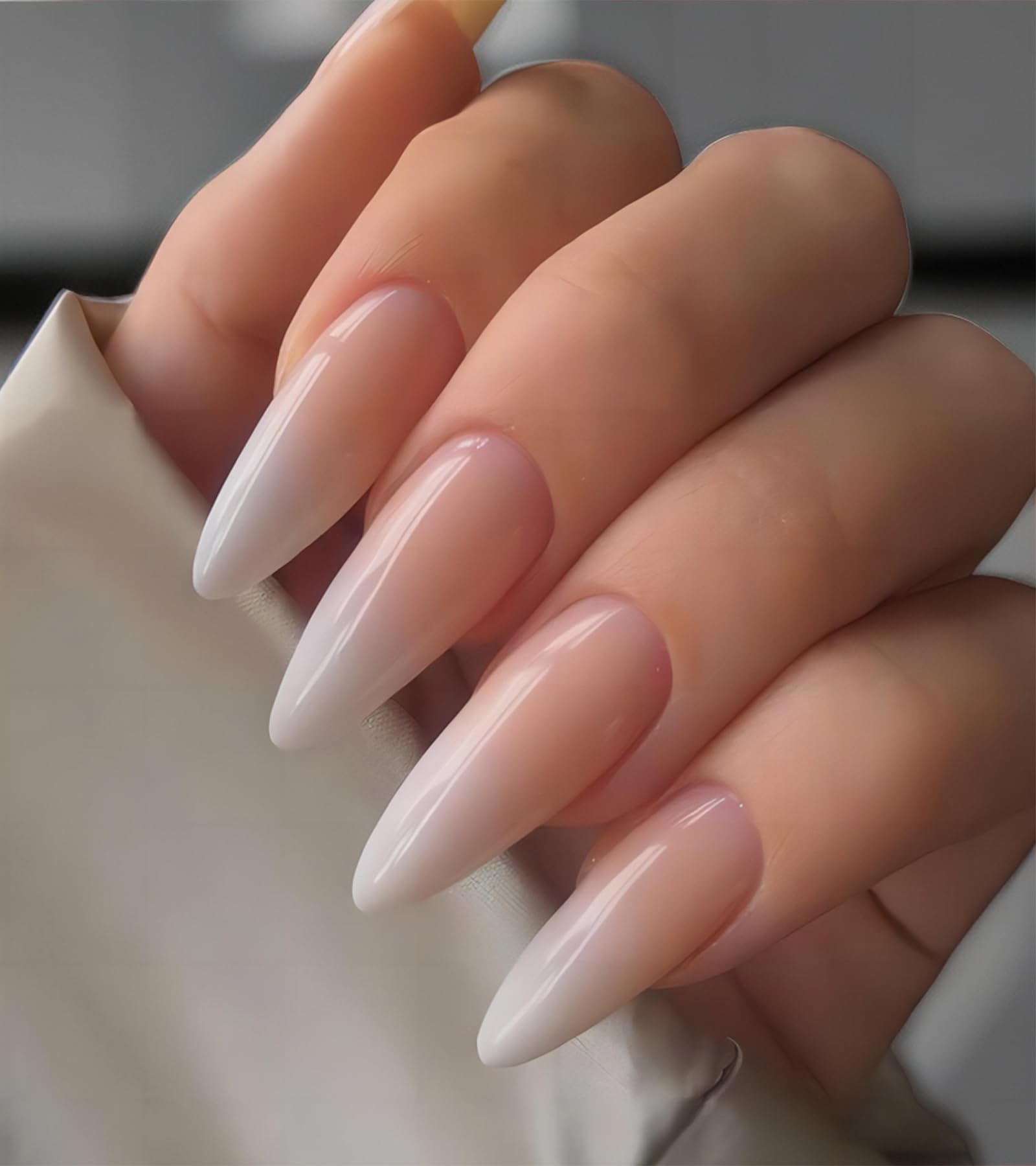 Aegenacess 24pcs Stiletto Press On Nails - Long Nude and White Ombre French Stick On, Glossy Glue On With Jelly Stickers for Women, 24 Nail Kit in 12