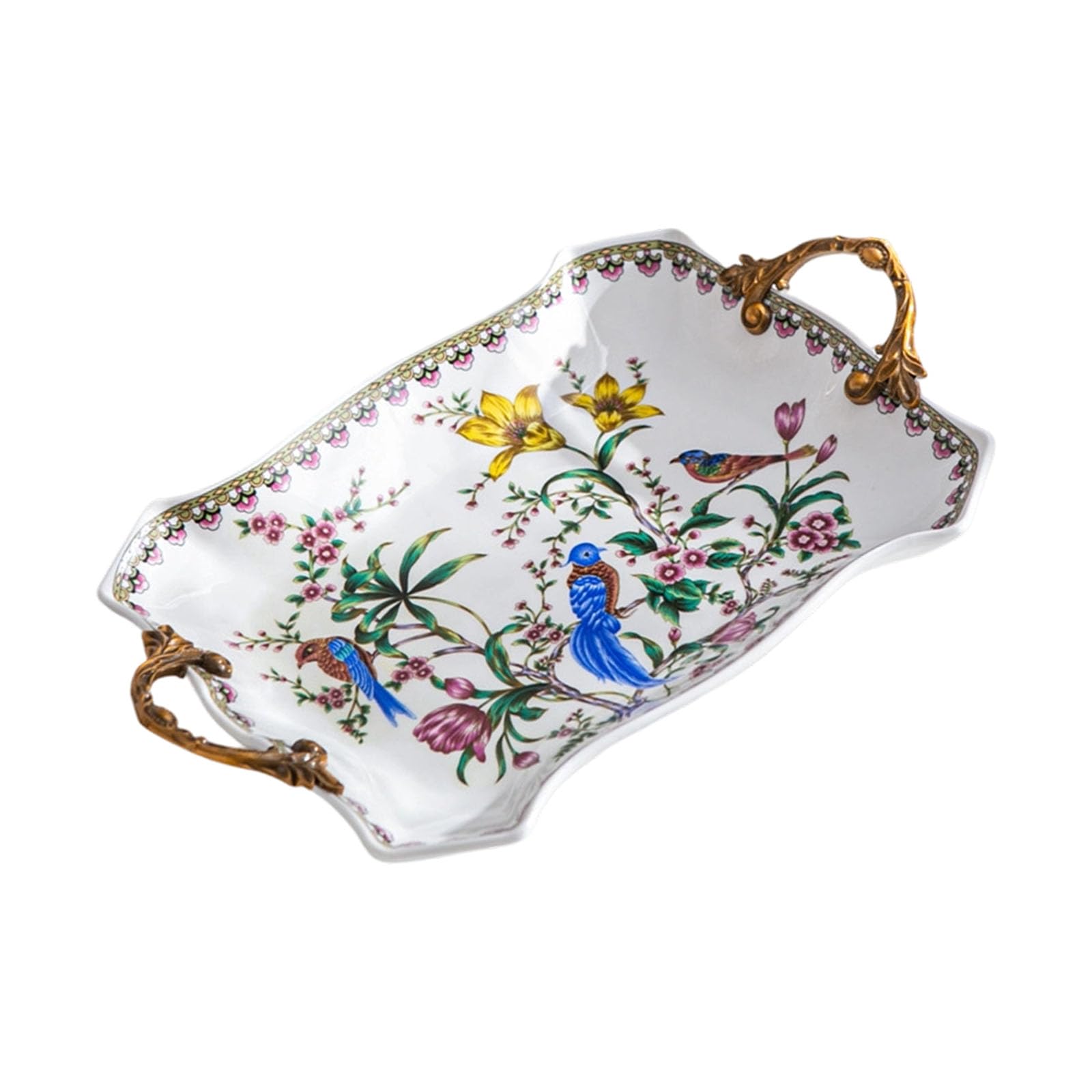 Tsophreniq Delicate Chinese Styles Ceramic Tray with 6.50Cm Depth Traditional Double Handle Dishes for Fruits and Snacks Storage Dessert Plate