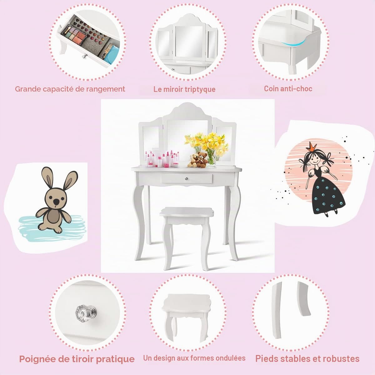 LIFEZEAL Coiffeuse Enfant 2 en 1 avec Tabouret et Tiroir, Coiffeuse Enfant Fille avec Miroir à 3 Volets Pliables, Table de Maquillage pour Enfants 3-7 Ans, 70x34x105cm (Blanc)