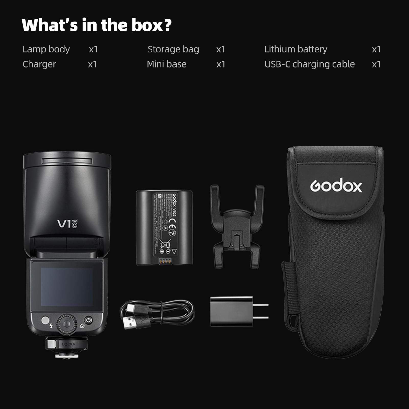 Godox V1 Mid N Flash para Nikon, 55W Cabeza Redonda con Pantalla Táctil, Óptica 24mm, 650+ Destellos a Plena Potencia, Reciclaje 1.7s, TTL/HSS 1/8000s, AK-R1 Magnético para Nikon Zf Z6II Z8 D850
