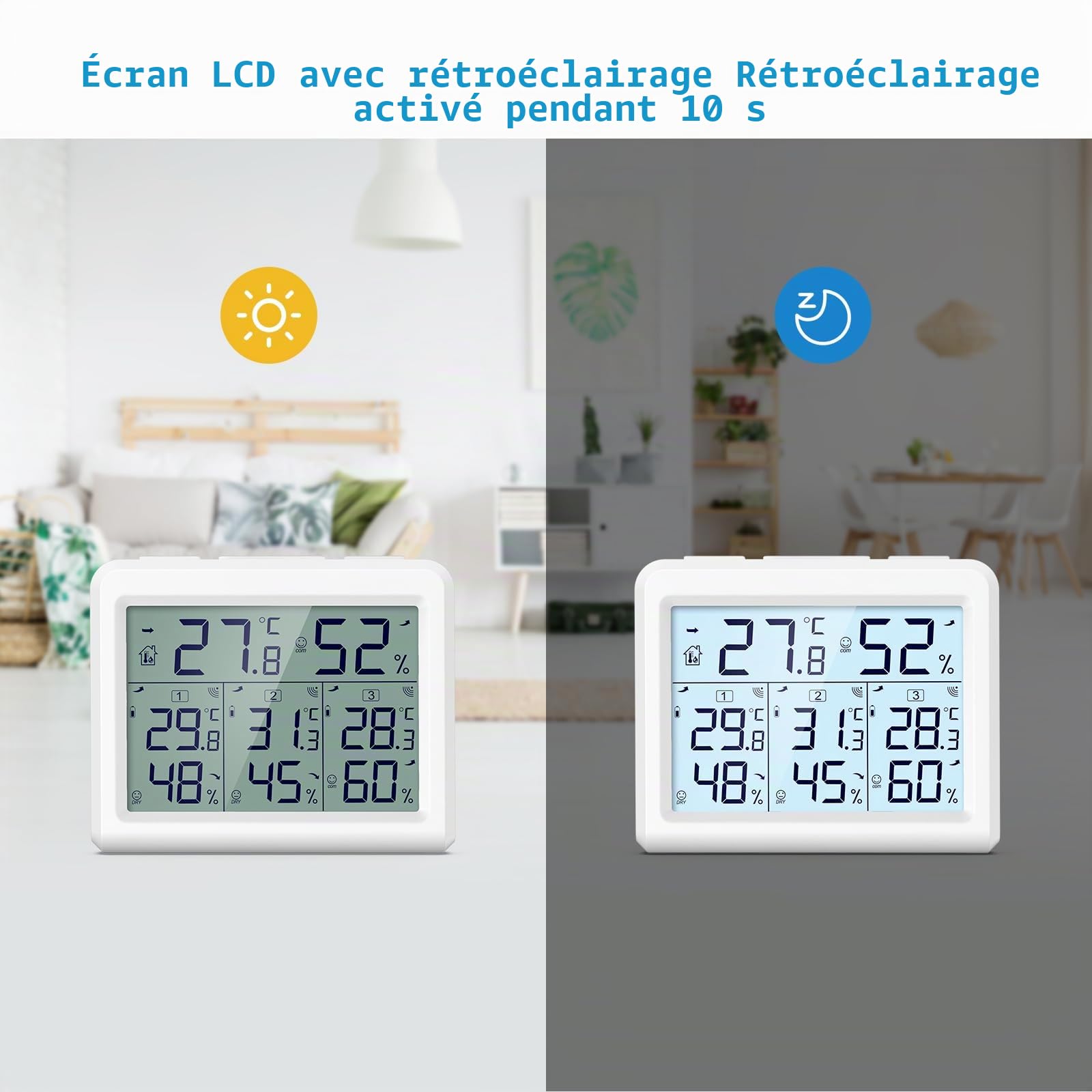 Brifit Thermomètre Hygromètre Numérique sans Fil avec 3 Capteurs, Thermomètre Connecté, Écran LCD, Enregistrement Min/Max, Commutateur ℃/℉, Thermomètre Intérieur et Extérieur pour Maison, Bureau-Blanc