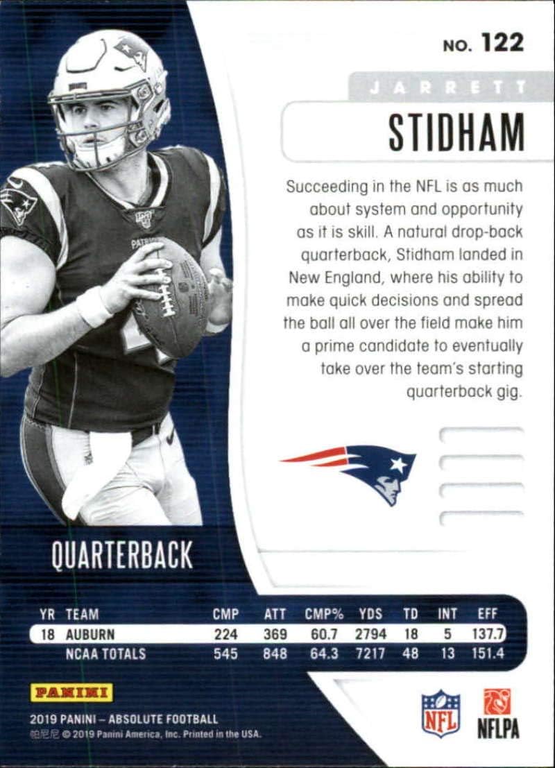 2019 Absolute NFL (Retail) #122 Jarrett Stidham RC Rookie New England Patriots Official Panini Football Trading Card
