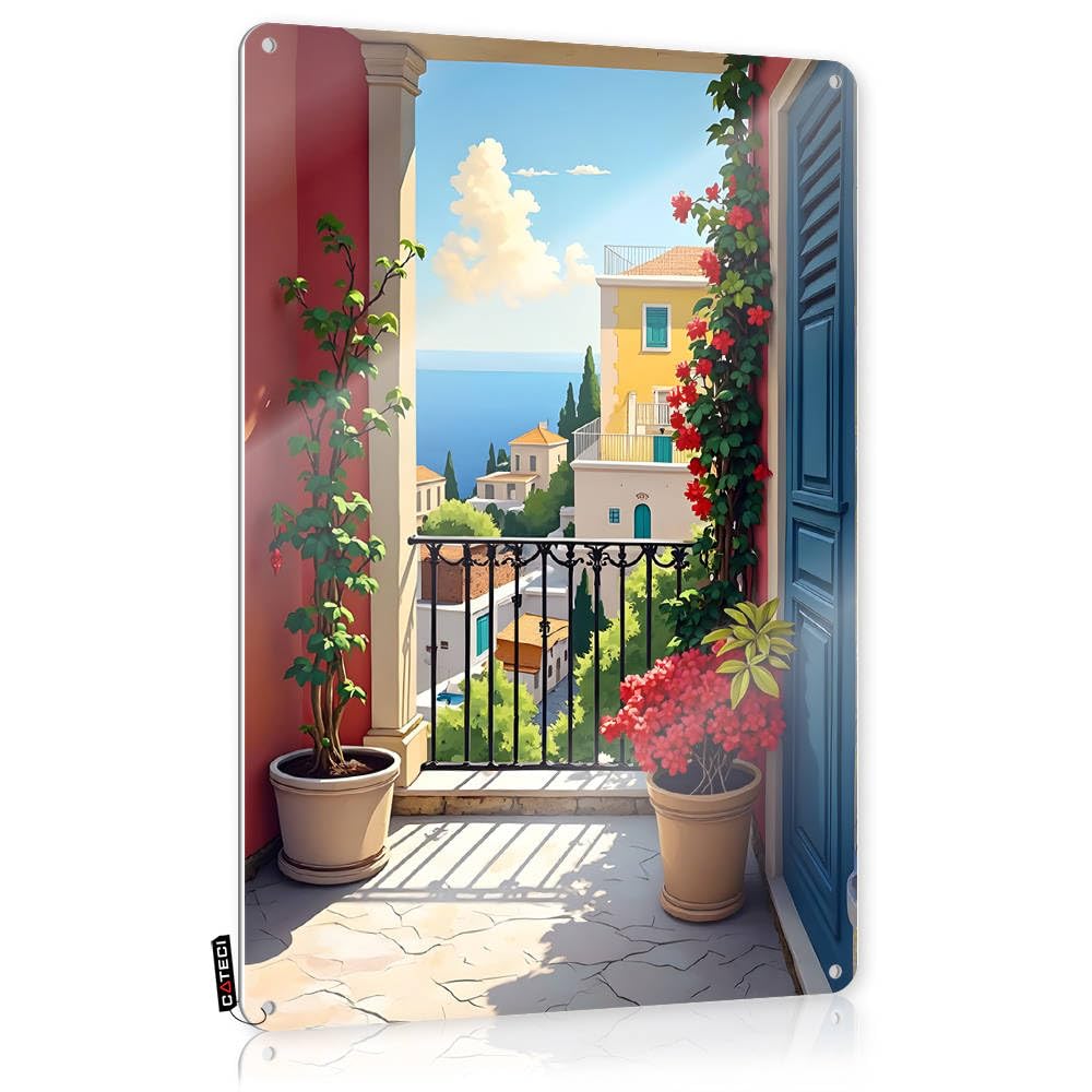 Fzfn Men's Colour Sunlit Balcony With Sea Views And Lush Greenery Funny Vintage Signs Garage Decor For | Chic Designer Decorative Wall Art(30X40cm)