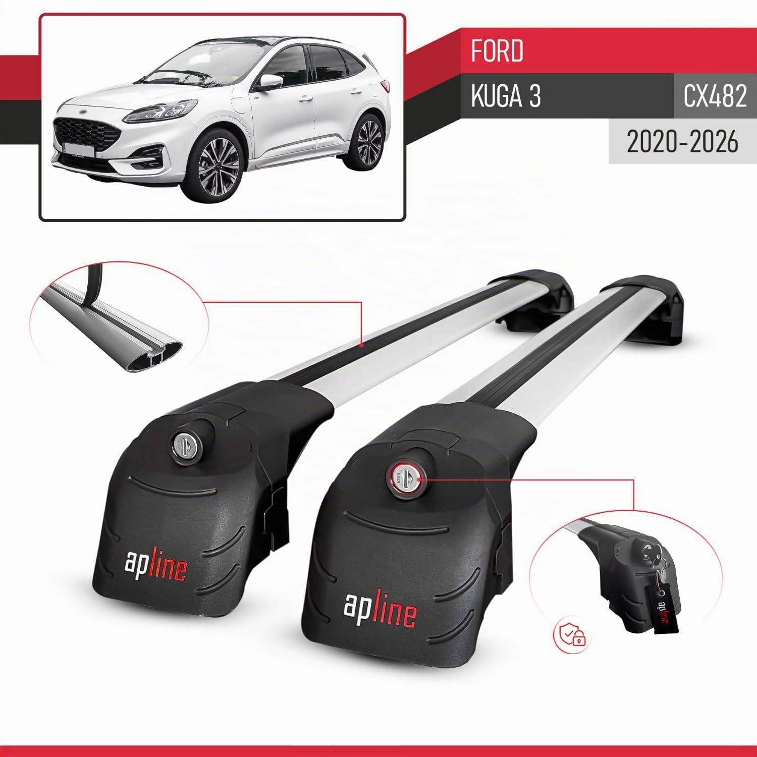 Compatible con Ford Kuga 3 (CX482) 2020-2025 ACE-2 Barras de Techo Auto Portaequipajes Barras Transversales Gris Aluminio 2 Barras