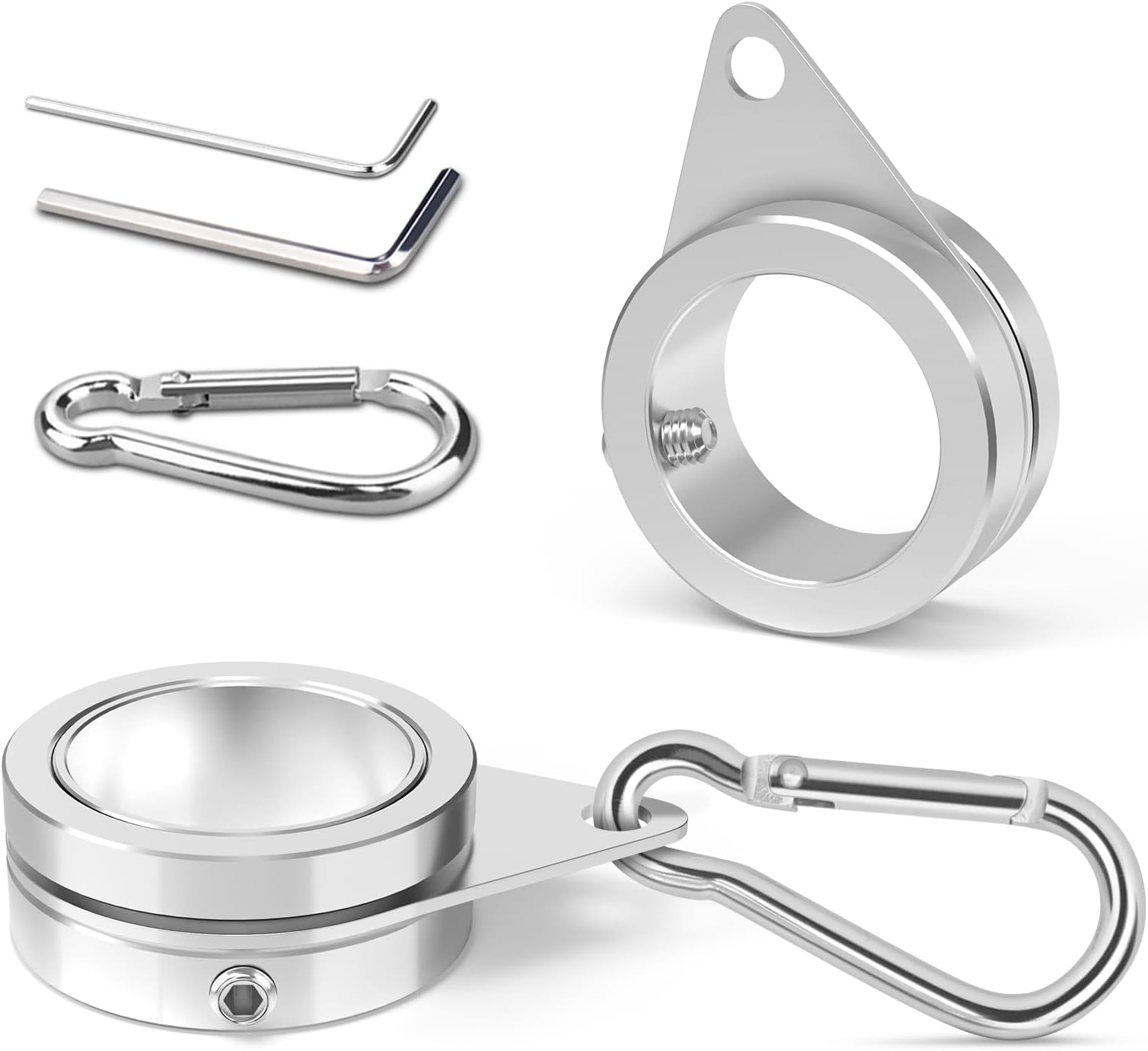 BonyTek 2 Pack Aluminum Alloy Flag Pole Rings, 360 Degree Rotating Flagpole Flag Mounting Rings Spinning Flag Pole Kit with Carabiner for 0.75-1.02Inch Diameter Flagpole (Silver)