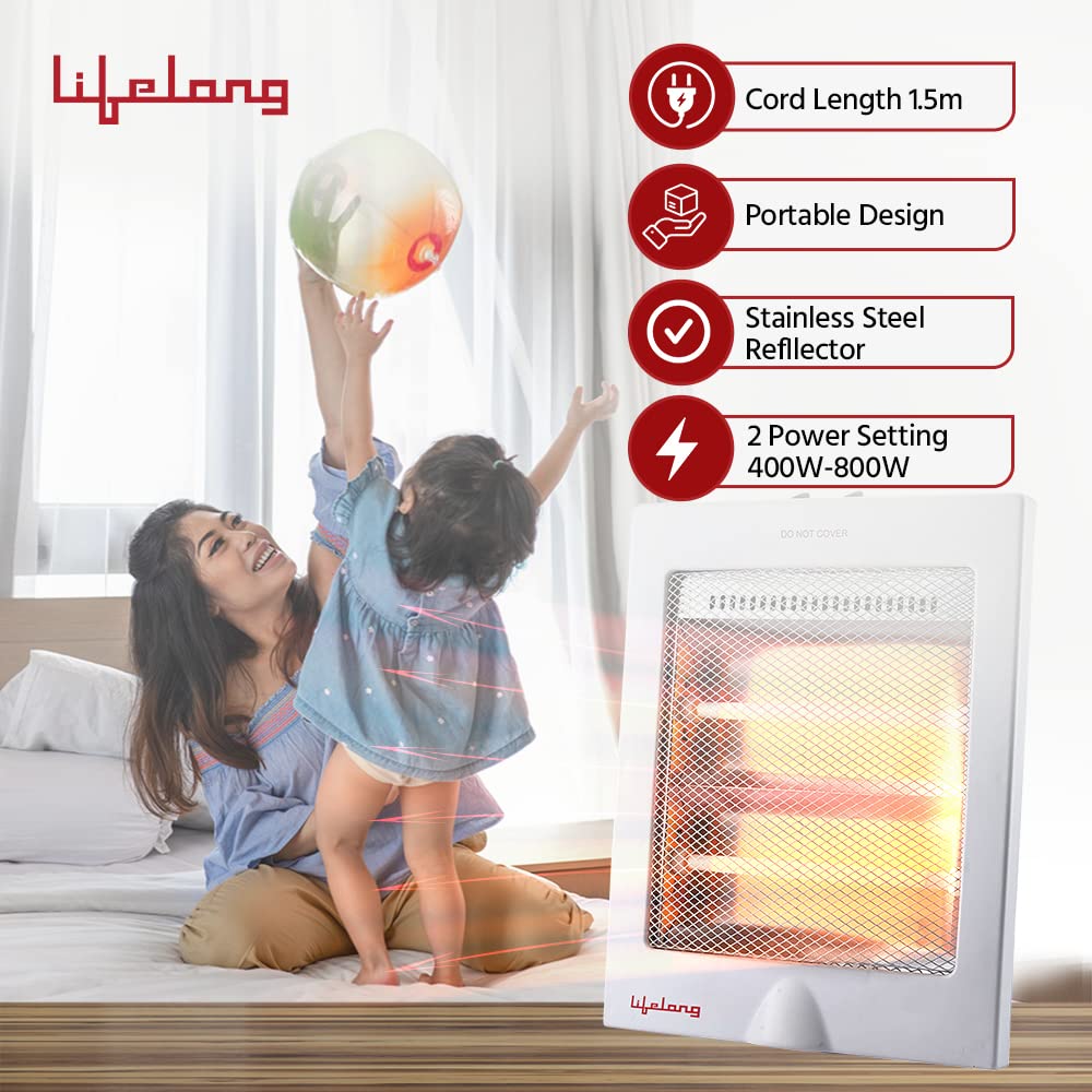 Lifelong Regalia 800 Watts Quartz Room Heater for Home with 2 Power settings, ISI Certified, 2 Rod Heater for Room |Cord Length 1.5 Meter| 1 Year Manufacturer's Warranty (LLQH922, White) 1