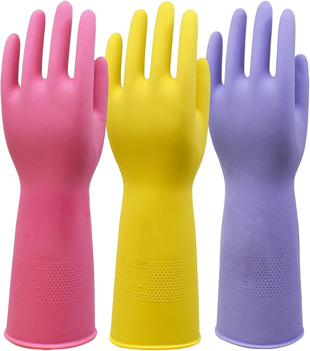 Rubber Kitchen Dishwashing, 3 Pairs, Medium, Pink/Yellow/Purple | Flexible Reusable Household Cleaning Gloves, Non-Slip Grip and Flocked Liner for Dishwashing, Kitchen Household Cleaning