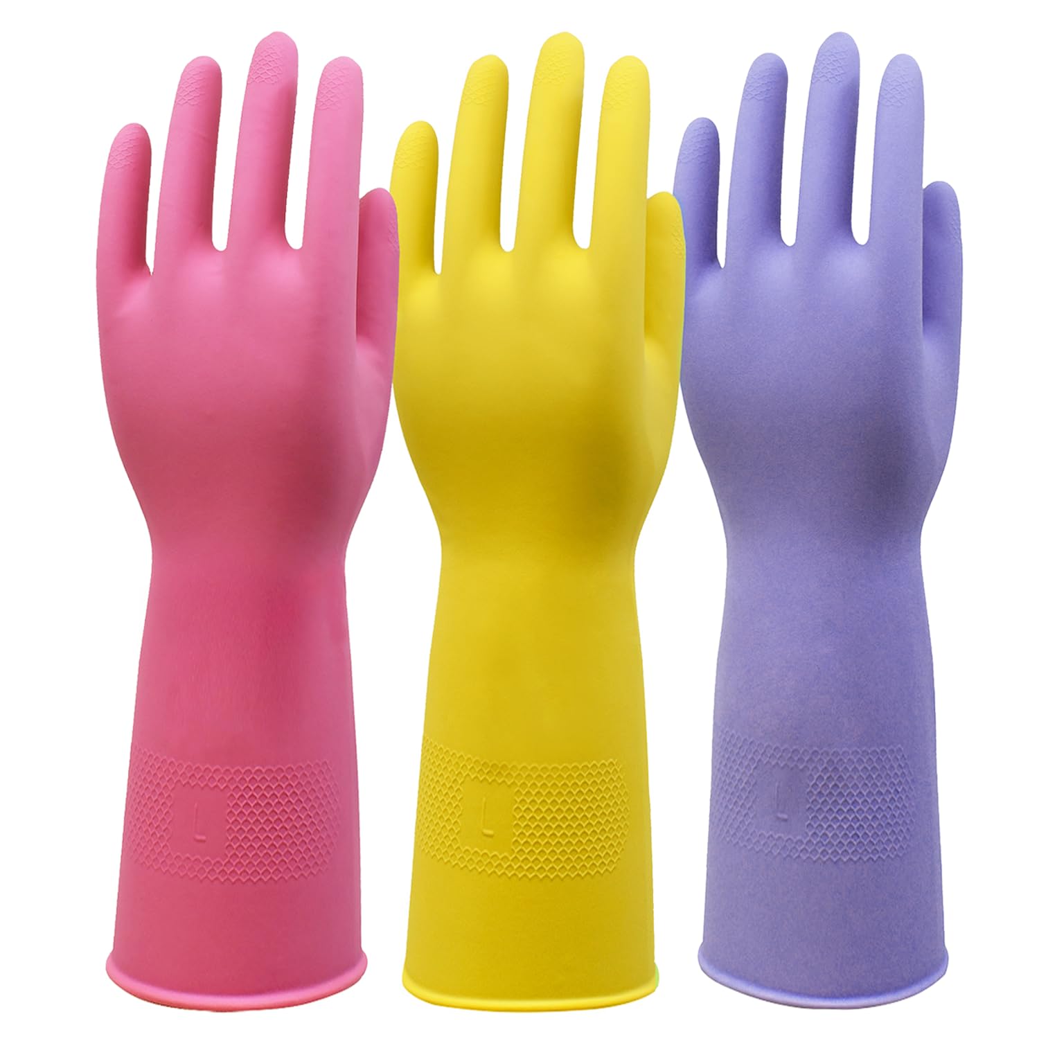 Photo 1 of SLICK KIT Rubber Kitchen Cleaning Gloves, Reusable Dishwashing Gloves, Non-Slip, with Flocked Liner, 3 Pairs (Pink+Yellow+Blue) (Medium)