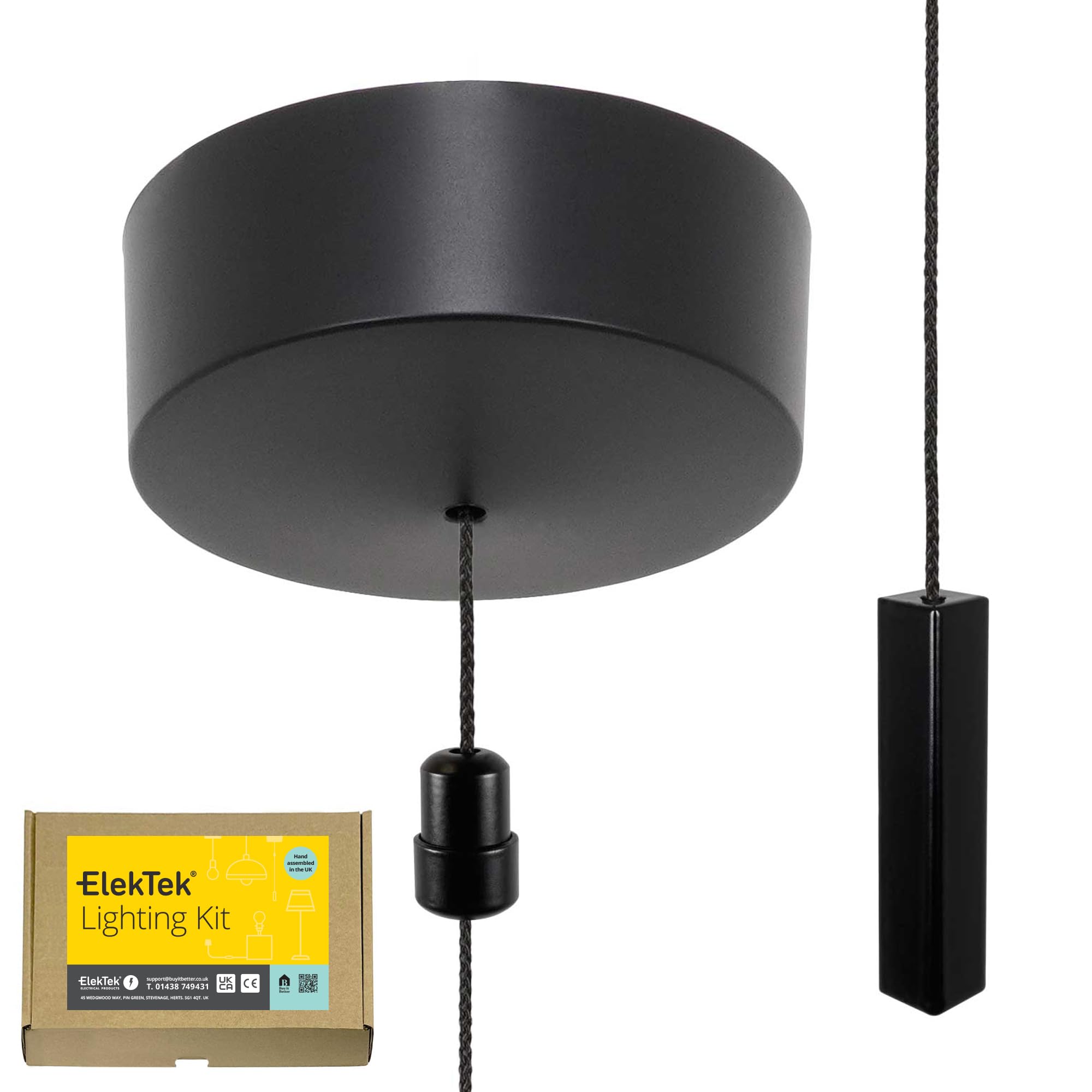 ElekTek UK Safety Approved Matt Black Bathroom Light Pull Switch Kit Black Square Bar & Black Cord, EN 60669-1 & CE Mark