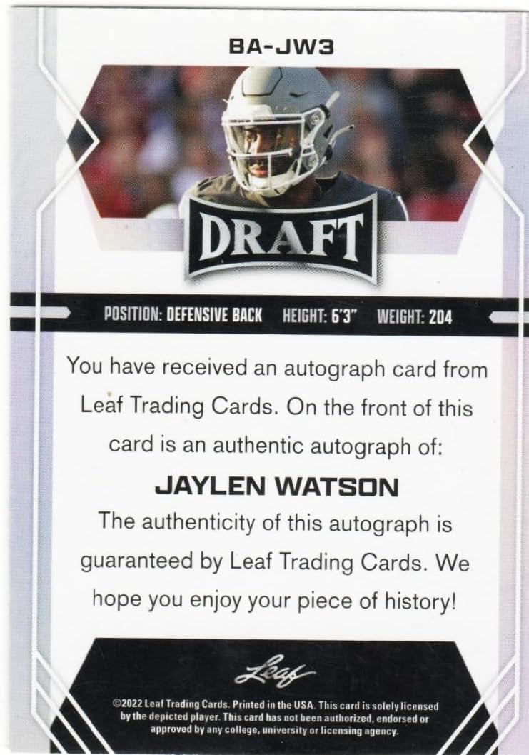 Jaylen Watson Autographed High Series Authentic Signature Collectible Football Card - 2022 Sage Football Card #BA-JW3