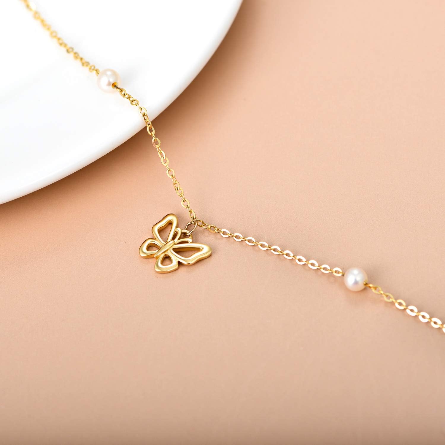SISGEM 10k Gold Butterfly Anklet for Women, Real Pearl Foot Jewelry Ankle Bracelet Gifts for Ladies, 8.6-11 Inch
