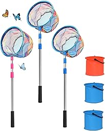 3 Stück Teleskop Kescher Kinder, 55-125cm Angel Kescher für Kinder, Angelkescher Schmetterlingsnetz mit 3 Faltbaren Eimern Kleine, Unterfangkescher Angelkescher für Kinder Fangen von Insekten