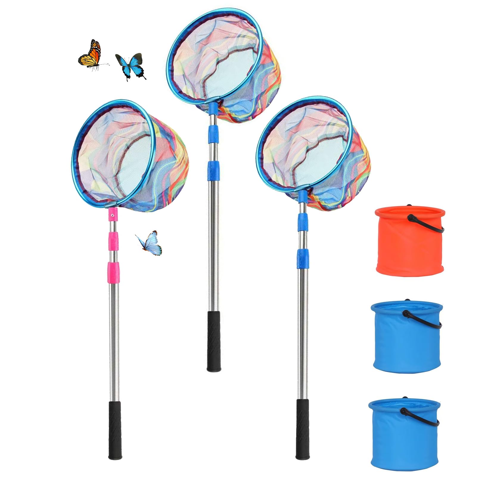 3 Stück Teleskop Kescher Kinder, 55-125cm Angel Kescher für Kinder, Angelkescher Schmetterlingsnetz mit 3 Faltbaren Eimern Kleine, Unterfangkescher Angelkescher für Kinder Fangen von Insekten