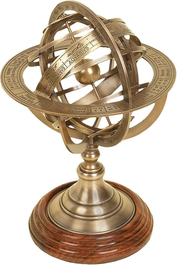"Antique Brass Zodiac Armillary – 5'' Engraved Celestial Globe with Wooden Base | Nautical Decor"