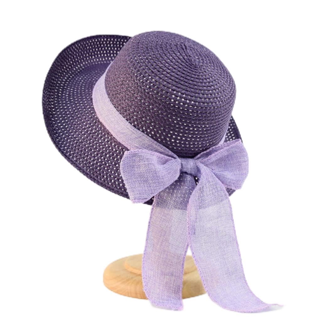 Cappelli da Sole Estivi Cappello di Paglia da Ragazza da Donna Cappello da Spiaggia con Fiocco in Nastro Cappello a Cilindro Piatto Casual in Paglia