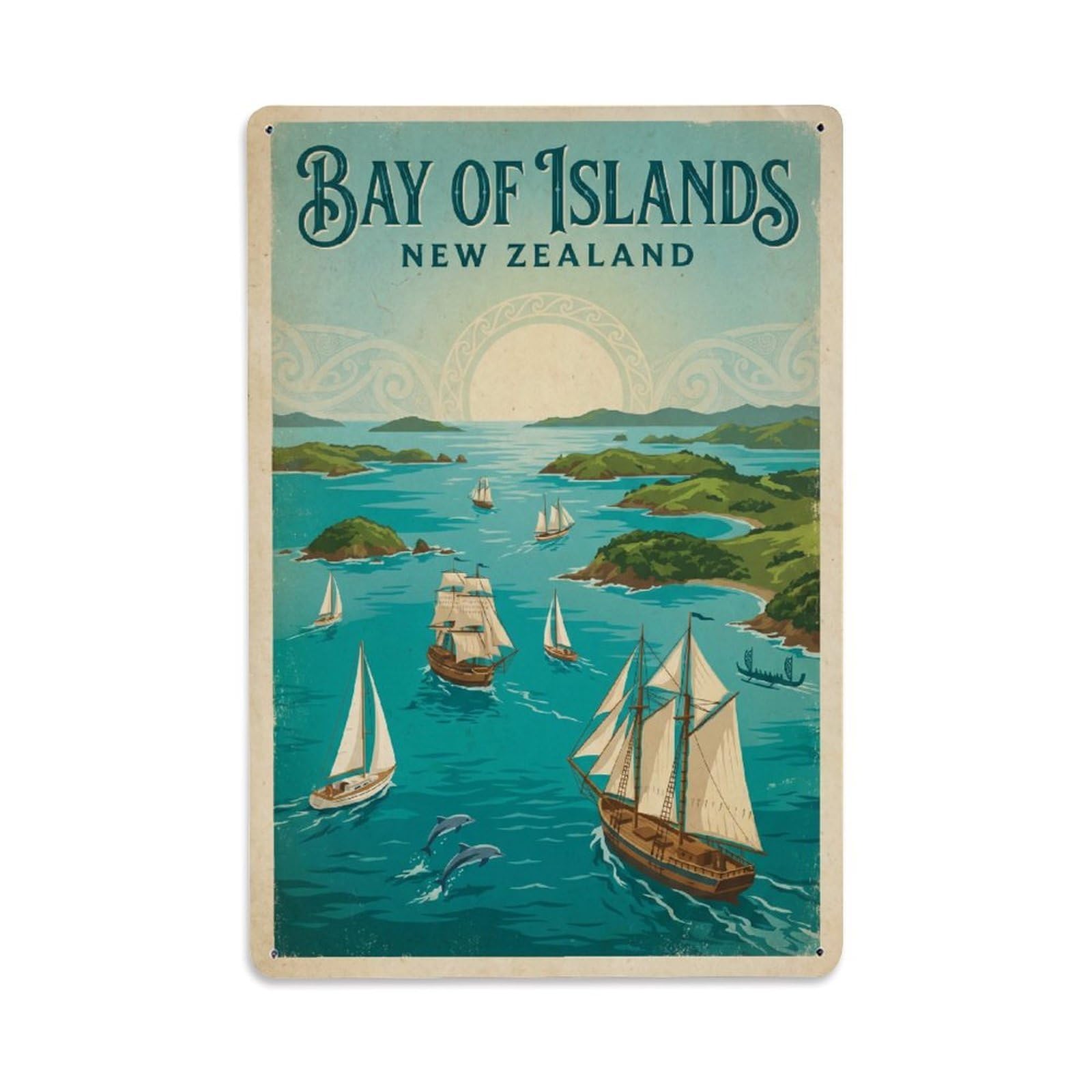 Metal Tin Sign Vintage Travel New Zealand Bay of Islands
