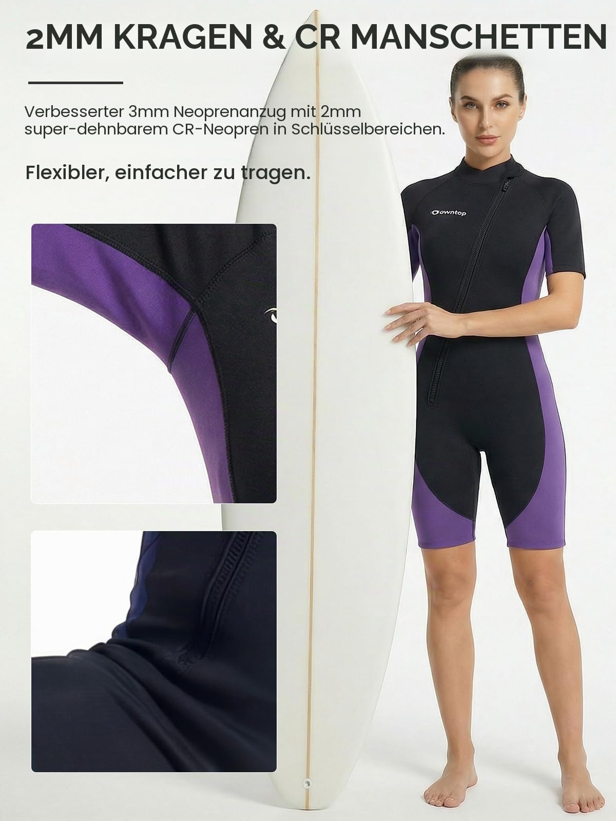 Owntop Neoprenanzug Damen Shorty 3 mm – Neopren Shorty mit Frontreißverschluss, Kurzarm Wetsuit für Surfen, Schwimmen, Tauchen & Triathlon, Violett XL