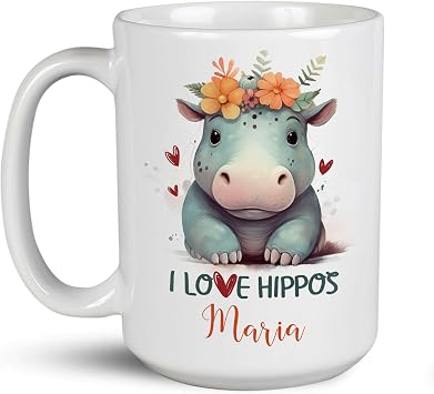 I Love Hippos White Cup, Customized Name Baby Hippo Coffee Mug, Adorable Hippo Travel Cup, Personalized Animal Lovers Tea Mug, Unique Decorative Cup, Gifts For Boy And Girl