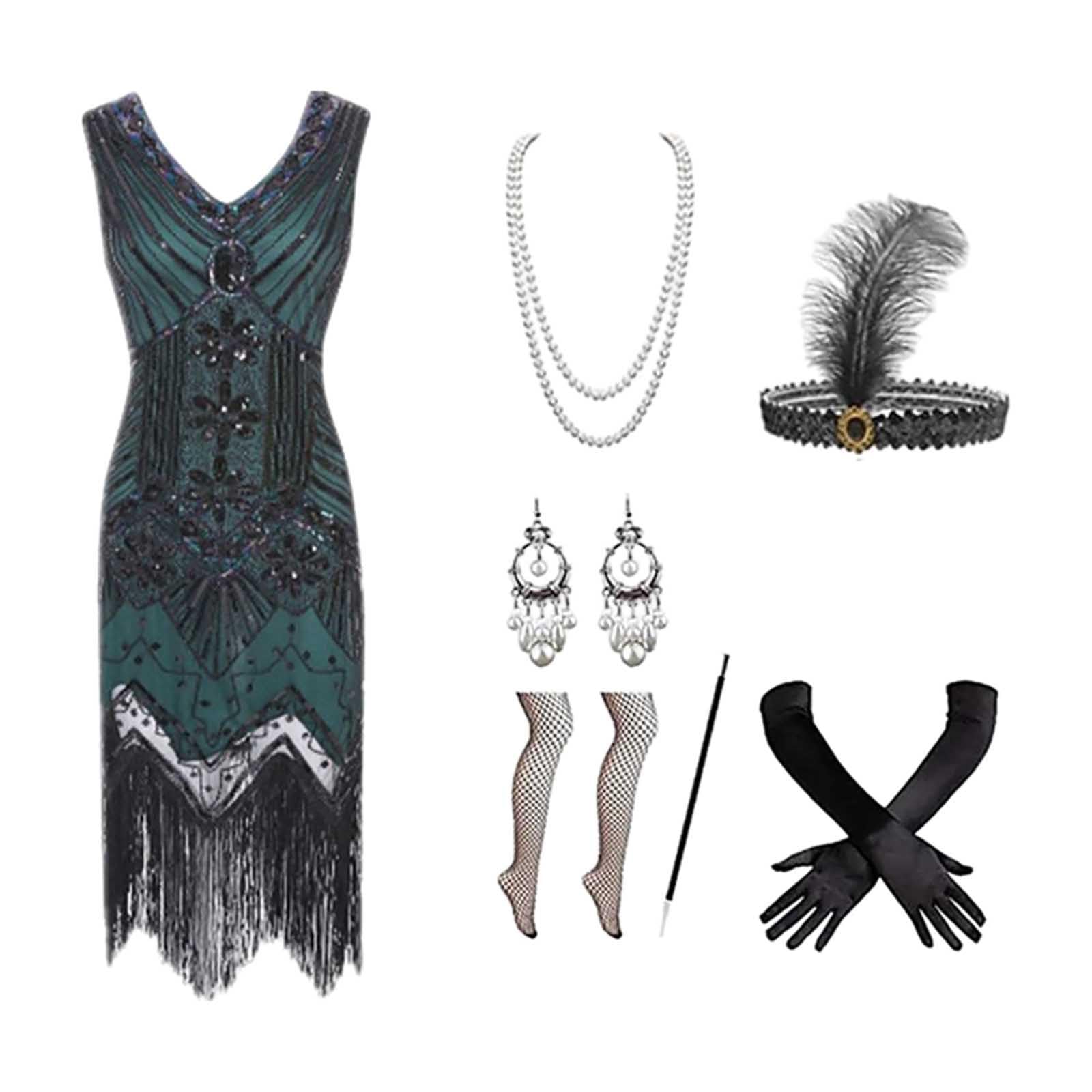 Halloween Costume Female 1920S Gowns Dresses Heavy Beaded Sequins Fringe Dresses Fancy Dress Costumes Women's with 20s Dress Accessories Carnival Costume Women (Green, XXXXXL)