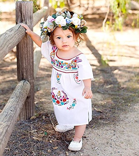 Kashoer Newborn Toddler Baby Girls Ethnic Embroidery Floral Dress Long Sleeve Party Sundress Skirt (0-6Months, White)