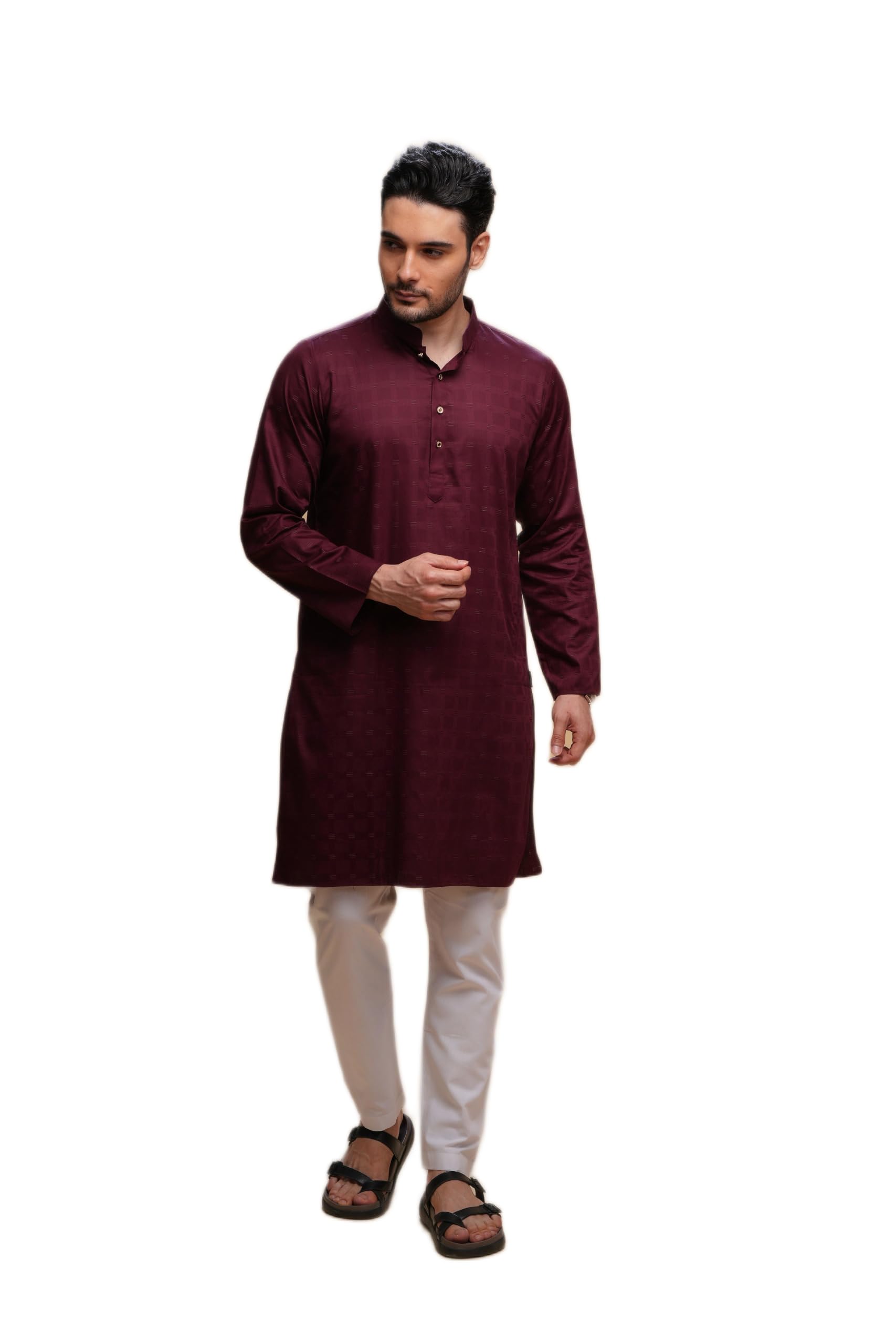 Men Kurta Pajama Set Maroon Dobby Cotton with Mandarin Neck for Festive and Wedding Occasions-image-36