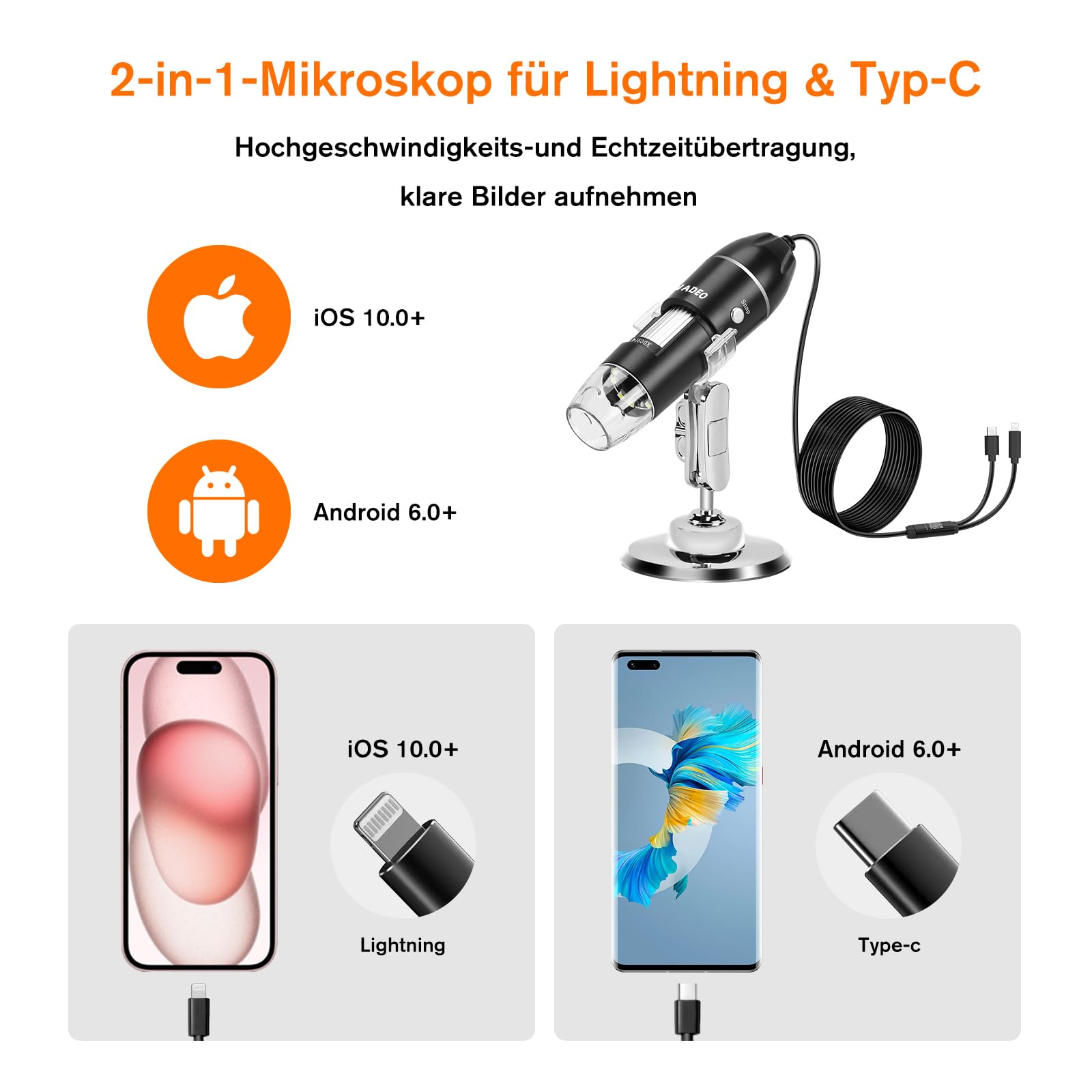 WADEO Digital Mikroskop, USB Mikroskop 1440P HD mit 50X-1600X Vergrößerung, Tragbare Inspektionskamera WiFi-frei, Kabeliges Handmikroskop mit 8 LED und Ständer, iOS, Android und Tablets kompatibel