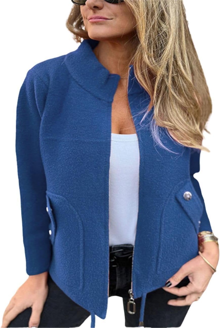 HOTYD Womens Zip Up Jackets Stand Collar Long Sleeve Open Front Fleece Jacket Solid Casual Coat with Pockets Fall Colthes