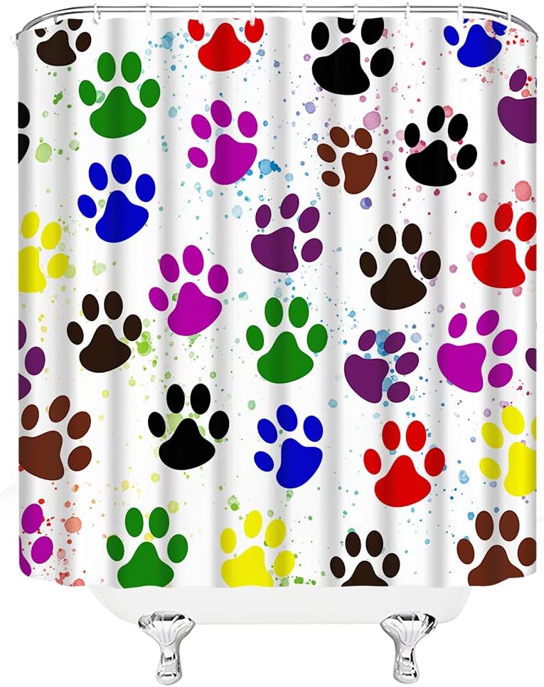 Dog Paws Shower Curtain Puppy Pawprint Creative Animal Paw Pattern Graffiti Colorful Inkjet Art Modern Print Fabric Bathroom Decor Set with Hooks(70" Wx84 H)