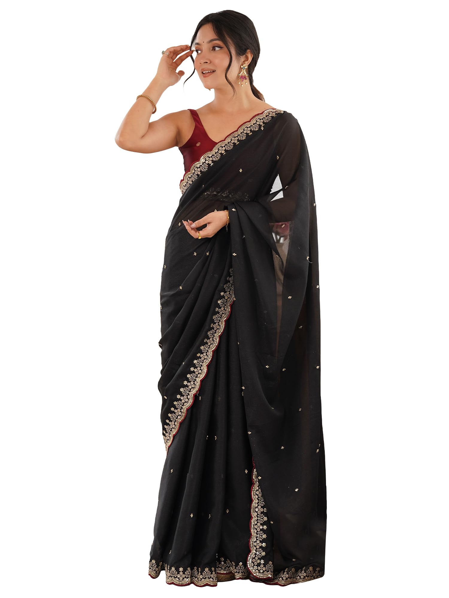 akhilam Women's Georgette Scalloped Border Sequins Embroidered Saree With Unstitched Blouse |Georgette Saree|Georgette Saree for Woman (AARYAN22202_KR_Parent)-picture-30