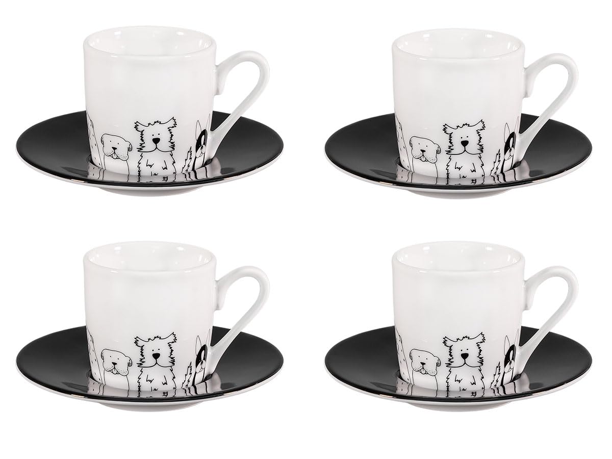 Könitz Espresso Tassen Set Funny Dogs. 4 Kaffeetassen 65ml aus Porzellan. Espressotassen modern, schwarz-weiß