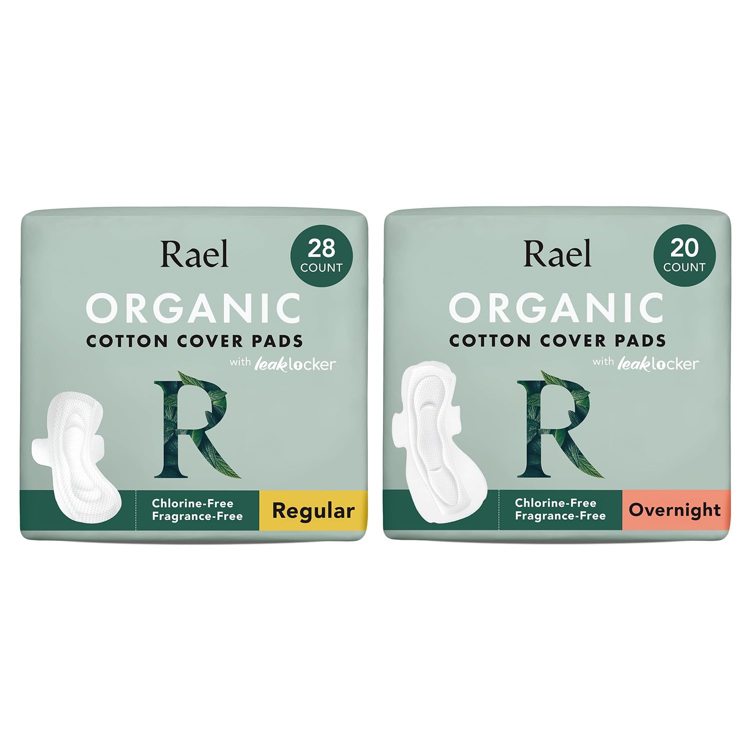 Rael Sanitary Pads for Women Day & Night Bundle - Feminine Care, Unscented, Chlorine Free, Hypoallergenic, Organic Cotton Cover Period Pads with Wings/Regular (28 Count) & Overnight (20 Count)