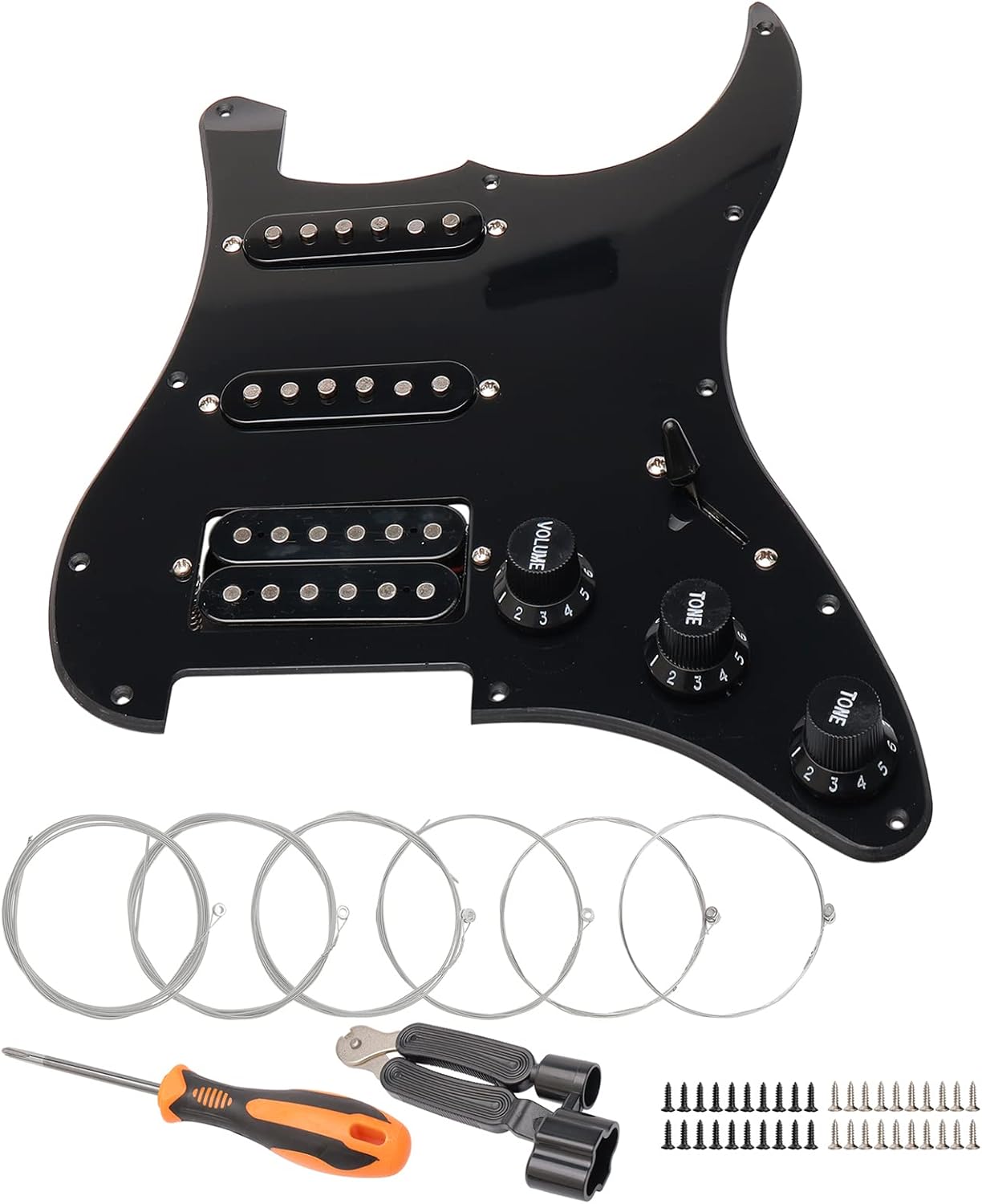 11 Hole SSH Prewired Loaded Pickguard with Humbucker Pickup for Fender Strat Electric Guitar, 1 Ply,with Guitar Strings and Installation Tool