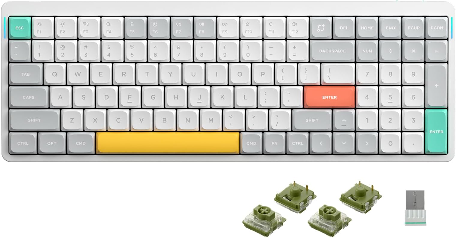 nuphy Air96 V2 Wireless Mechanical Keyboard,100 keys RGB Backlit Keyboard,Supports Bluetooth 5.1,2.4G and Wired Connection,for PC/Laptop/Windows/Mac -White Gateron Moss Switch