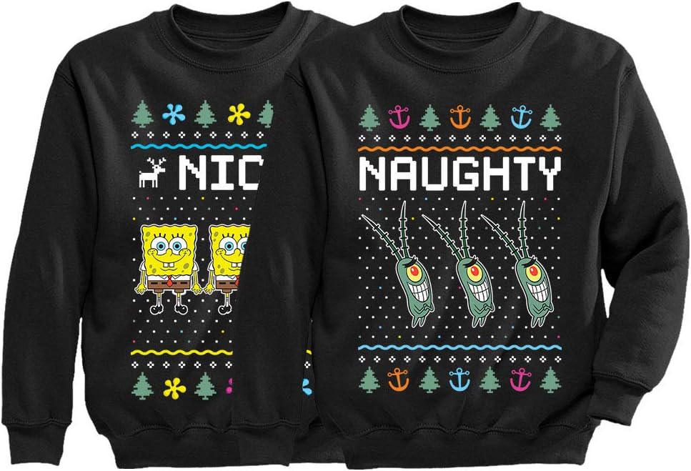 Spongebob & Plankton Nice and Naughty Funny Holiday Ugly Christmas Sweatshirt Nice Black