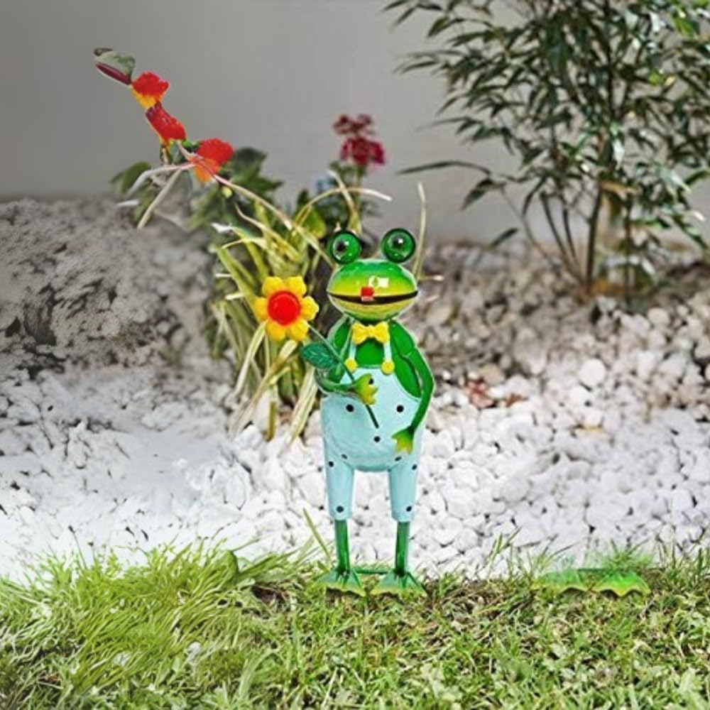 Garden Mile Blue Hand Painted Frog Animal Garden Ornaments Outdoor Large Frog Figure Stake Weatherproof Animals Metal Garden Sculptures & Statues Outdoor Decoration Perfect For Flowerbeds