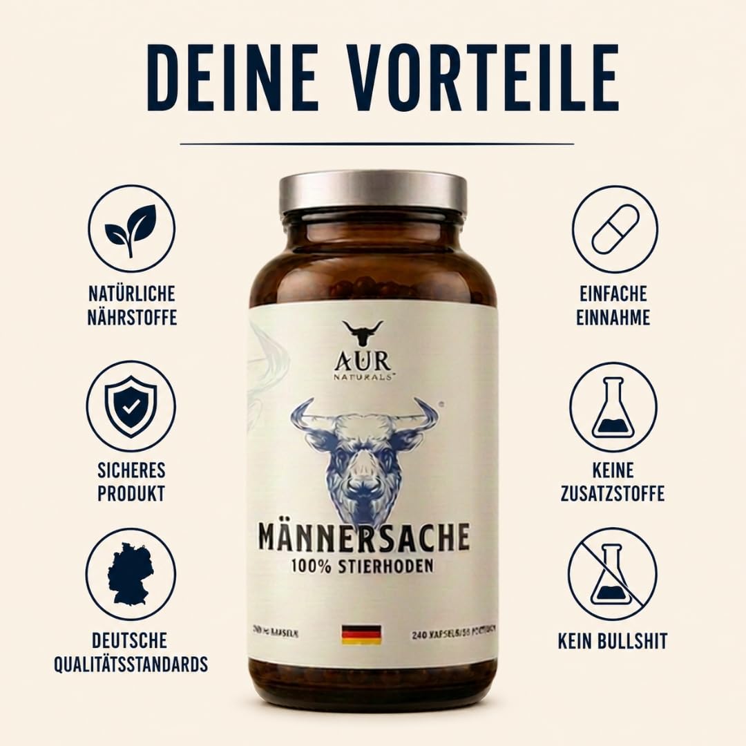Stierhoden Kapseln – 240 Kapseln aus 100% Beef Testicles vom Weiderind aus dem Allgäu | Natürliches Male Performance Supplement I Männersache | Tierisches Organ-Supplement | AUR Naturals