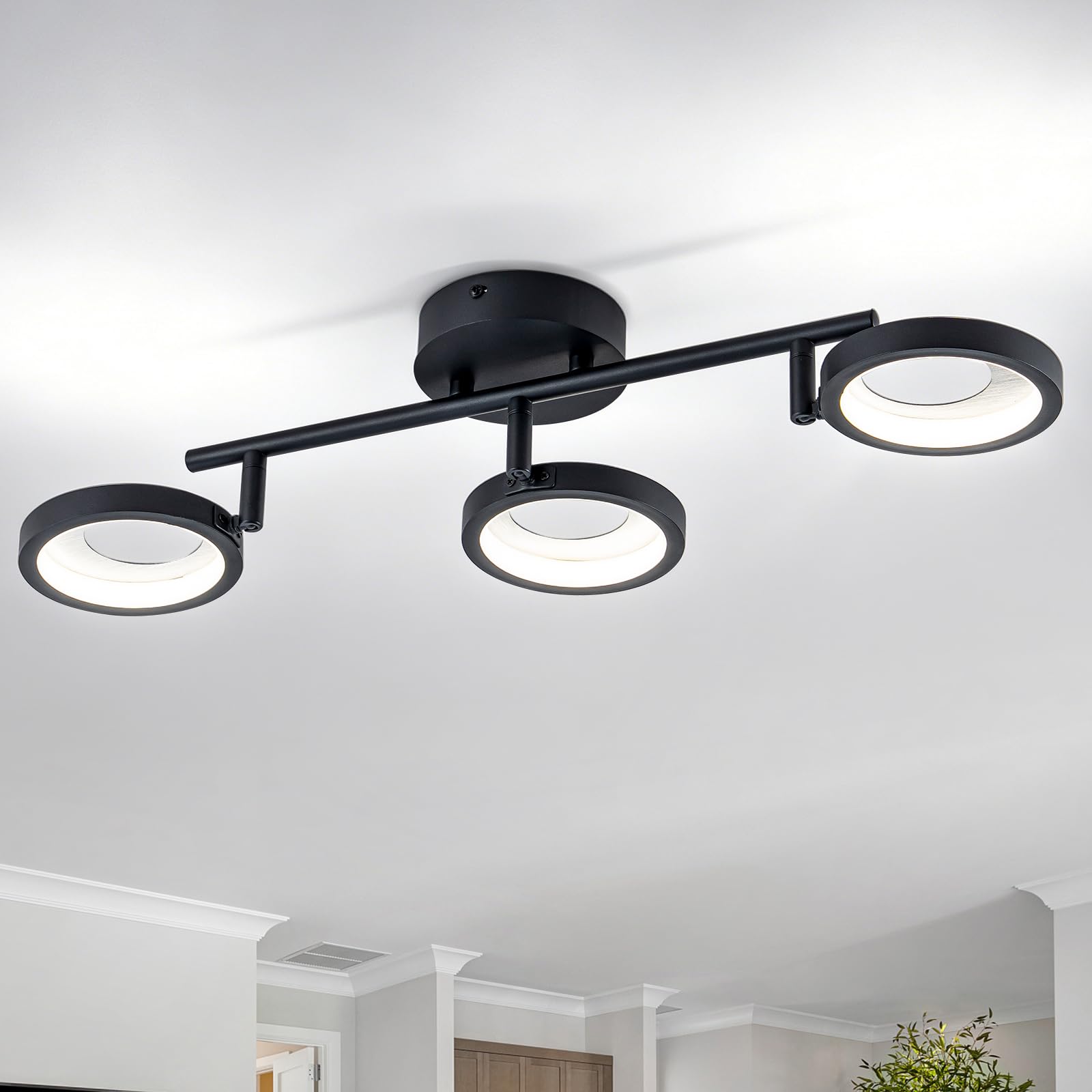 WILON LED Ceiling Light, 15W 4000K Black Aluminum Close to Ceiling Light Fixture, 3 Rounds Semi Flush Ceiling Lighting, Ceiling Lamp Fixture for Stairs Entryways Bedroom Kitchen Corridor Balcony