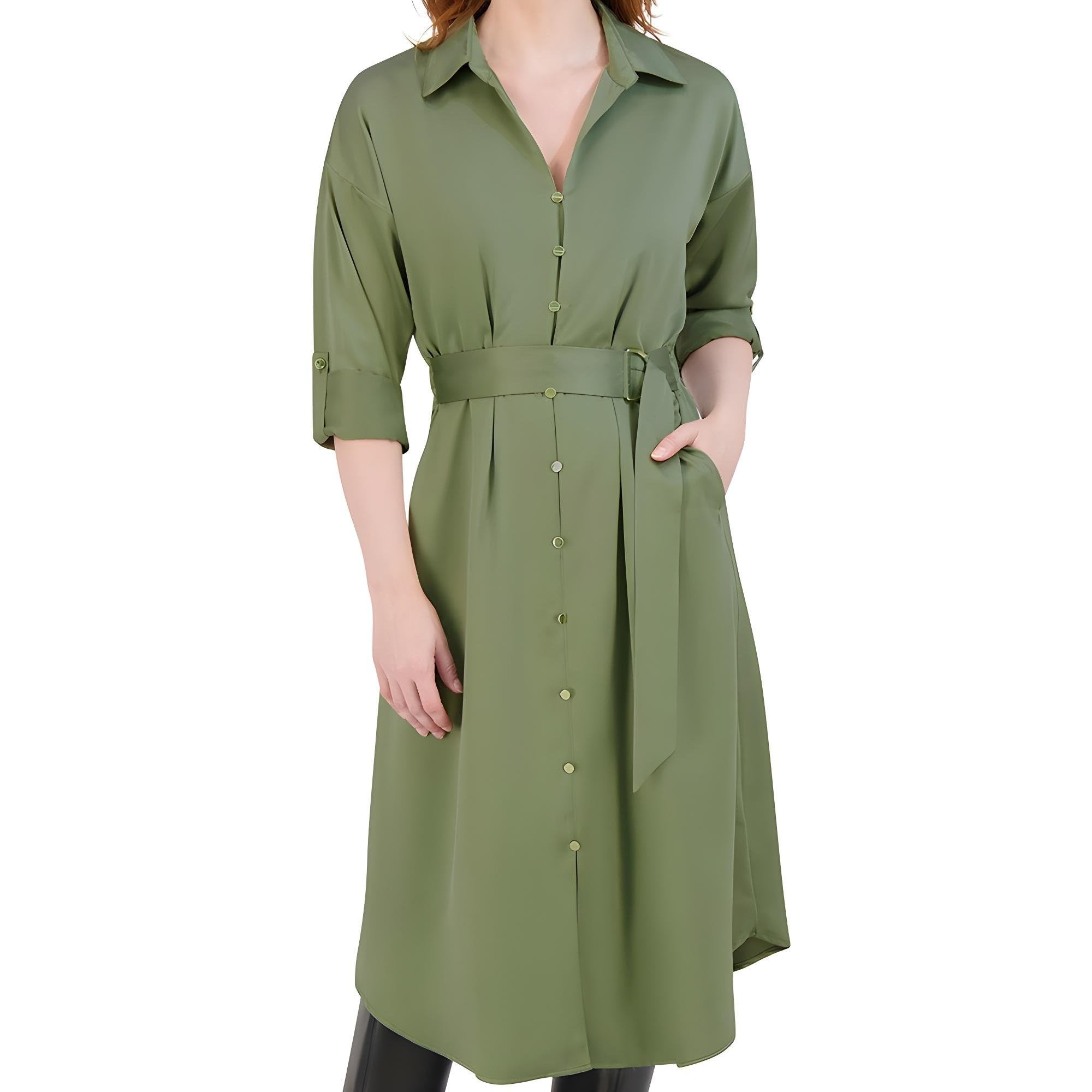 Women's Satin Belted Shirt Dress - Maxi, Long Sleeve Button-Down, Casual Style for Everyday Wear