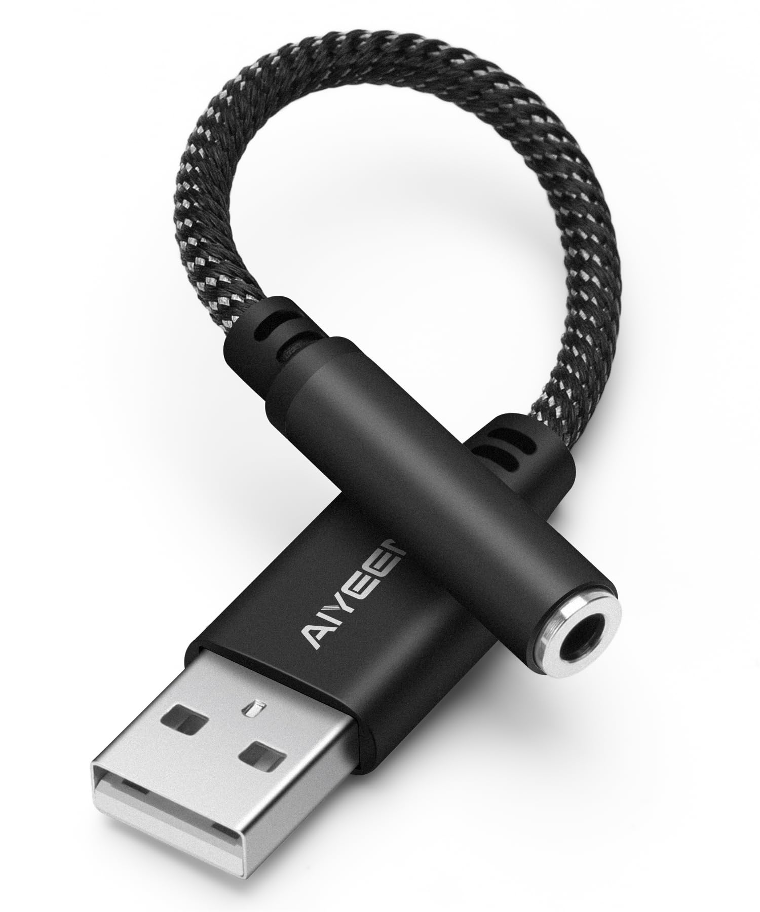 USB to 3.5mm Female Audio Adapter Cable, Nylon Braided 15cm USB Male to Aux Jack Stereo Converter with Hi-Res Chip, Plug &amp; Play, for Headphones, Speakers, Car AUX (Black)