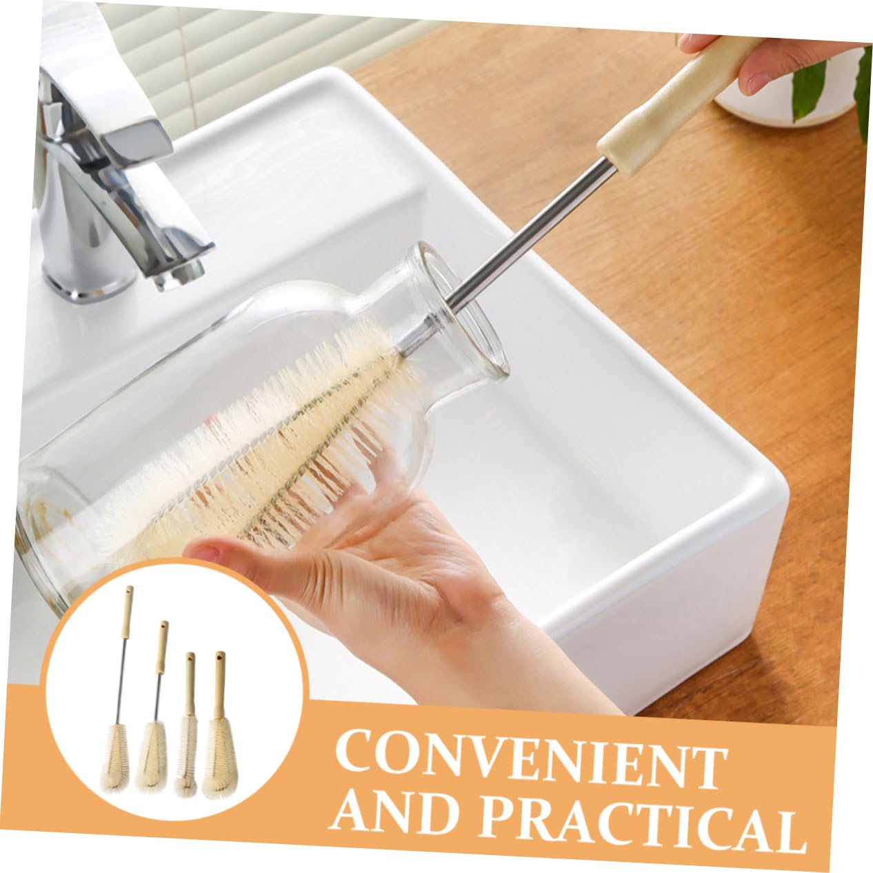 BESTonZON 4pcs Glass Jar Brush Wood Water Bottles Long Handle Washing Brush Nylon Cleaning Brush
