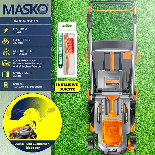 MASKO® Akku Rasenmäher mit Mulchfunktion, Akku Li-Ion Batterie 4Ah & Ladegerät Rasentrimmer 33cm Schnitt-Breite 5X Höhenverstellbar 30L Fangkorb Flächen bis 150m² inkl. Handschuhe & Bürste 2