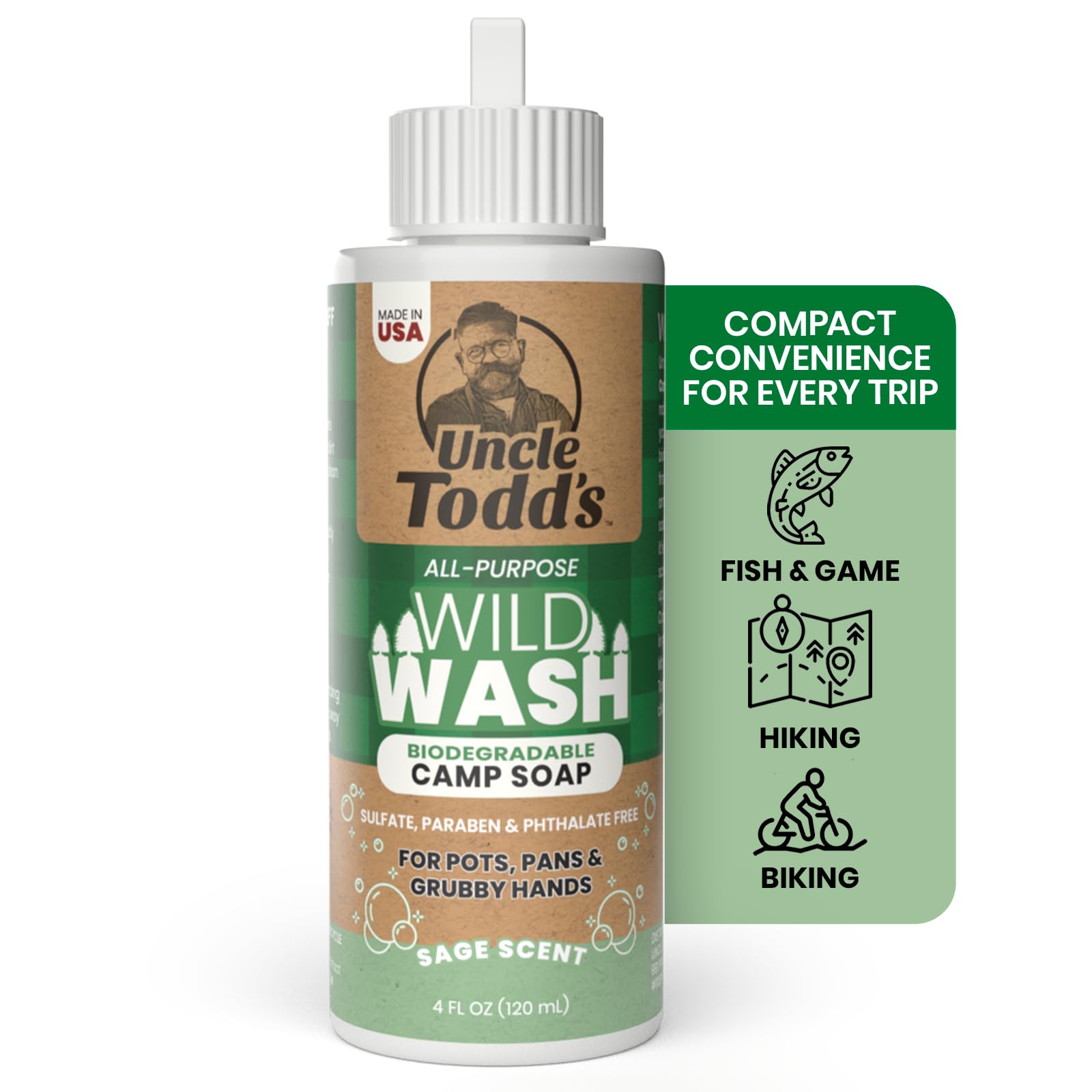 Uncle Todd's Wild Wash Biodegradable Soap, Camping Soap Ideal for Dishes, Body, Hands, and Clothes - 4oz, Sage Scent