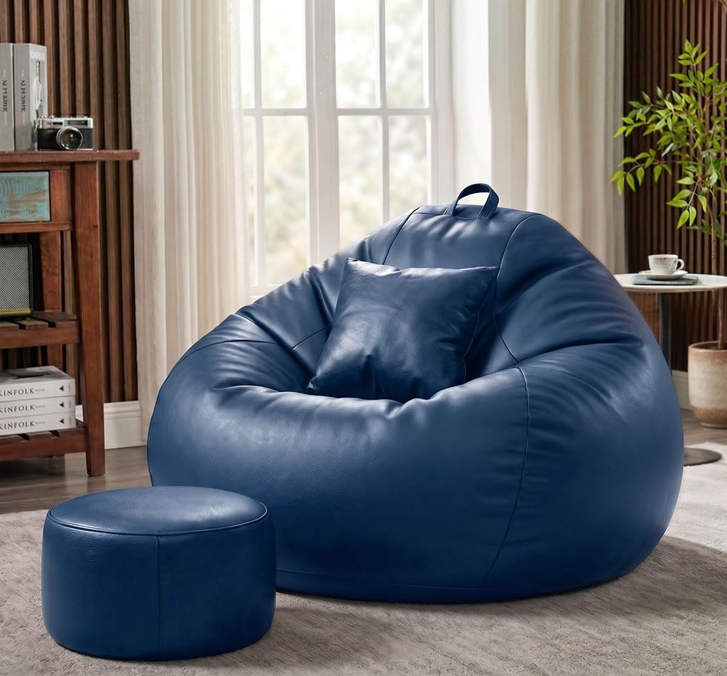 Sattva Classic 5XL Sofa Style Bean Bag Chair with Beans Filled | Faux Leather Bin Bags Sofa Set with Footstool & Cushion for Adults | Beam Bag, Large Beanbags for Home & Office - Navy Blue-image-19