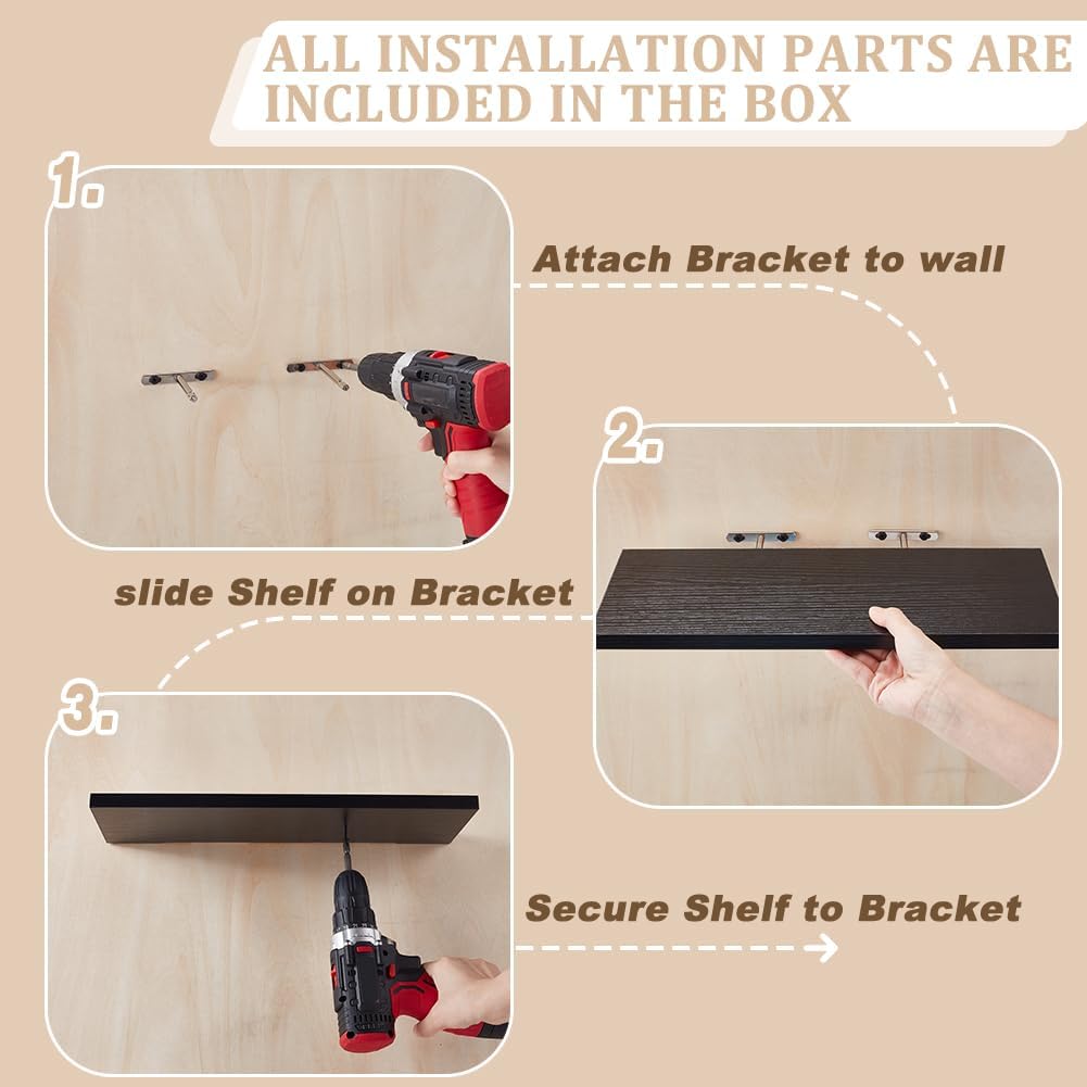 AHANDMAKER Floating Shelves for Wall Set of 4, 15.7 Inches Wall Mounted Shelf for Home Decor Rustic Wood Bookshelf Hanging Shelves for Bedroom Living Room Bathroom Kitchen Office Storage, Black