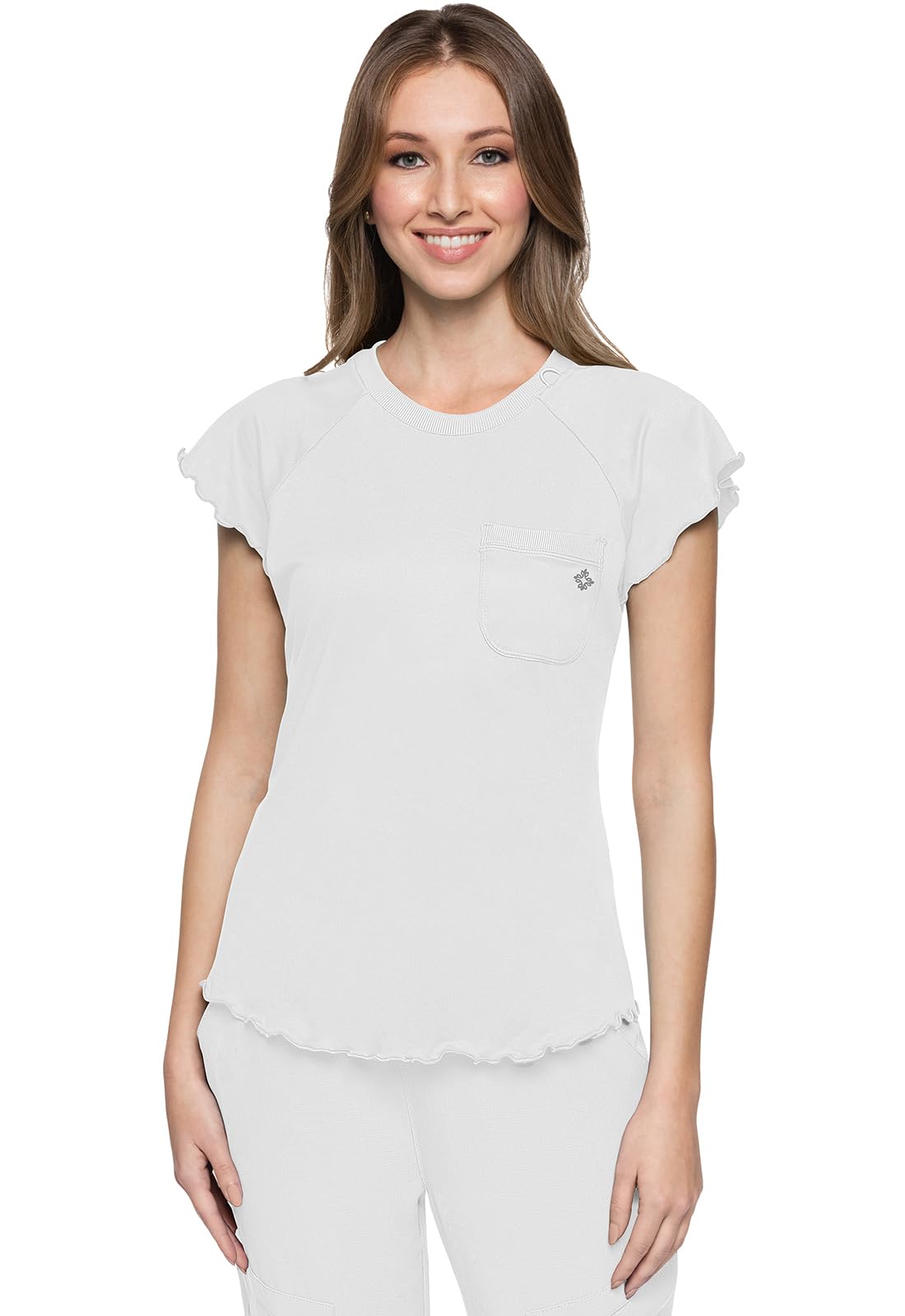 Med Couture Womens Scrub Top Short Sleeve Knit Medical Uniform T-Shirt with Chest Pocket Lettuce Edge - MC706