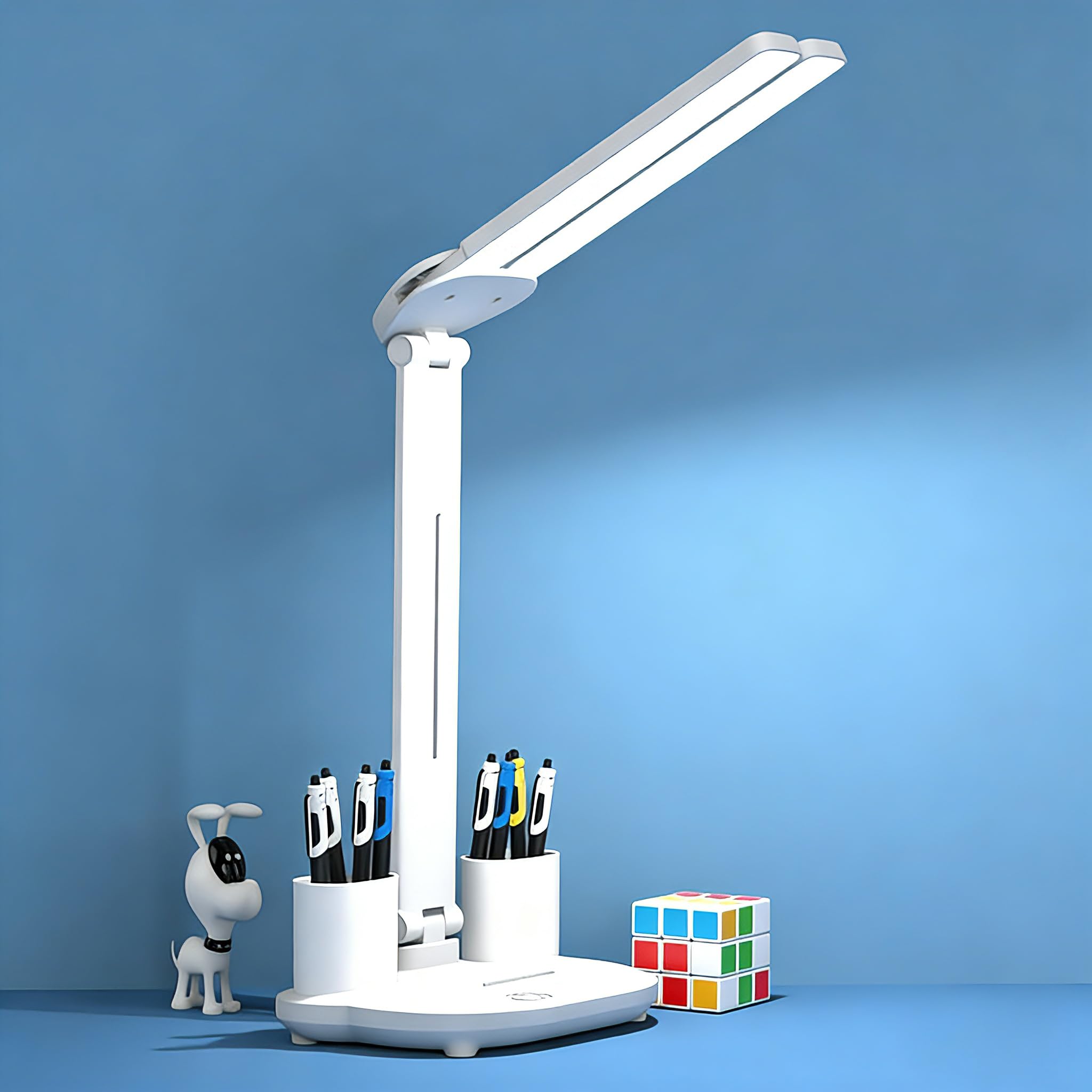 Hongmeru Dual Swing Arm LED Desk Lamp with 3200mAh Rechargeable Battery, 3 Light Modes, Adjustable Brightness Dimmable Table Lamp, Pen Holder & Touch Control - for Desk, Bedside, Study or Office Use