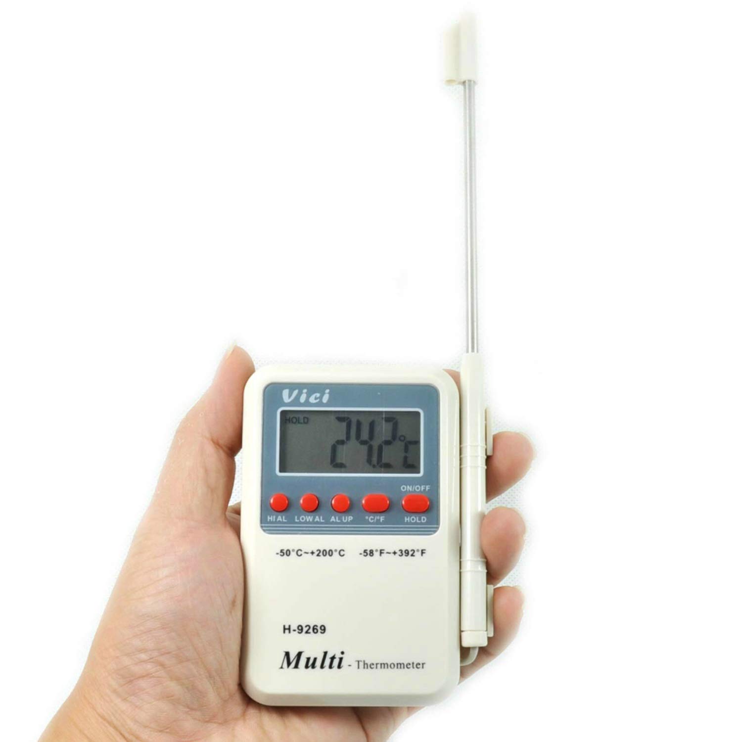 Termómetro digital H-9269 Termómetro digital for alimentos con alarma de temperatura alta y baja. Mini sensor de acero inoxidable for colgar en la pared del escritorio incluido. Plato for barbacoa